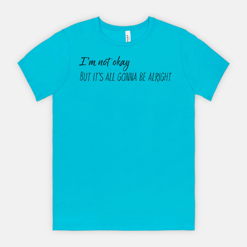 Turquoise t-shirt with text on a white background