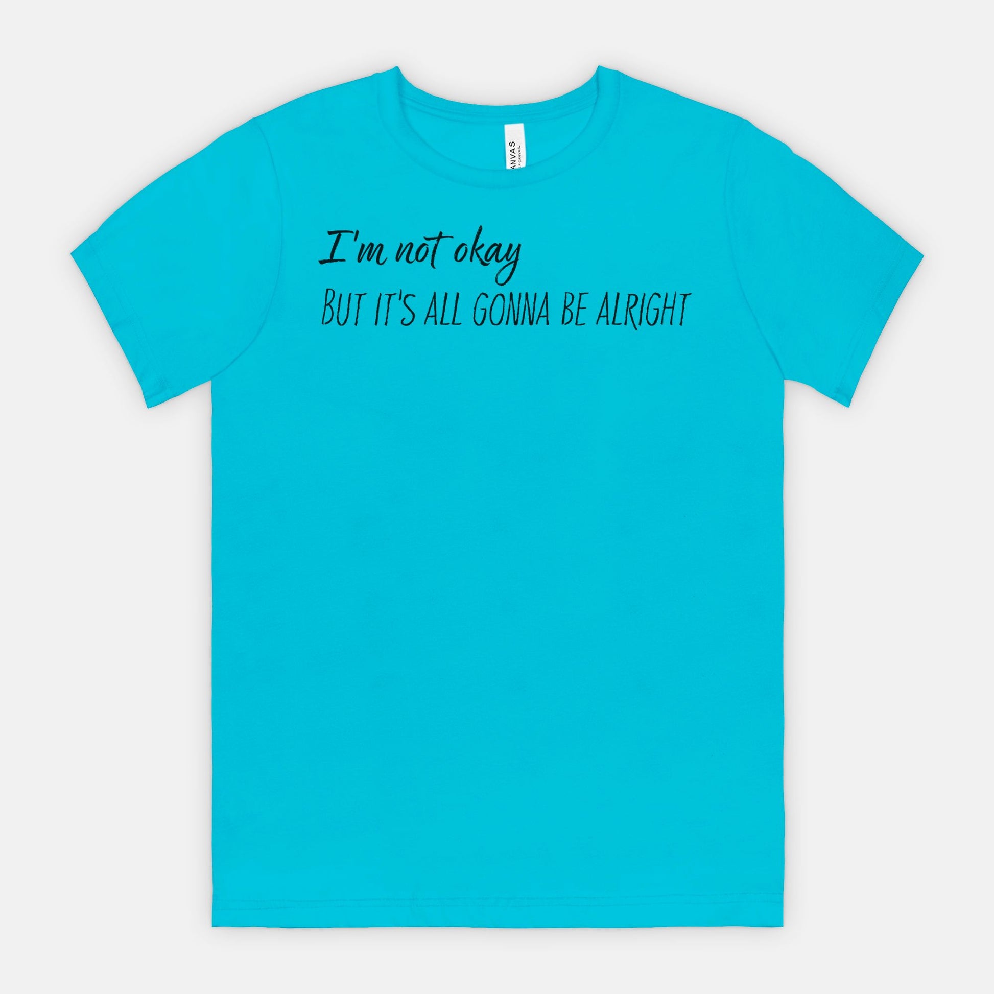 Turquoise t-shirt with text on a white background