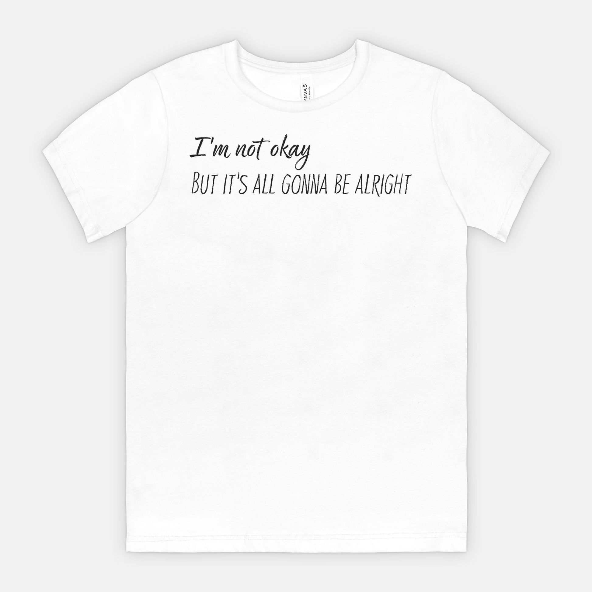 White t-shirt with black text on a white background