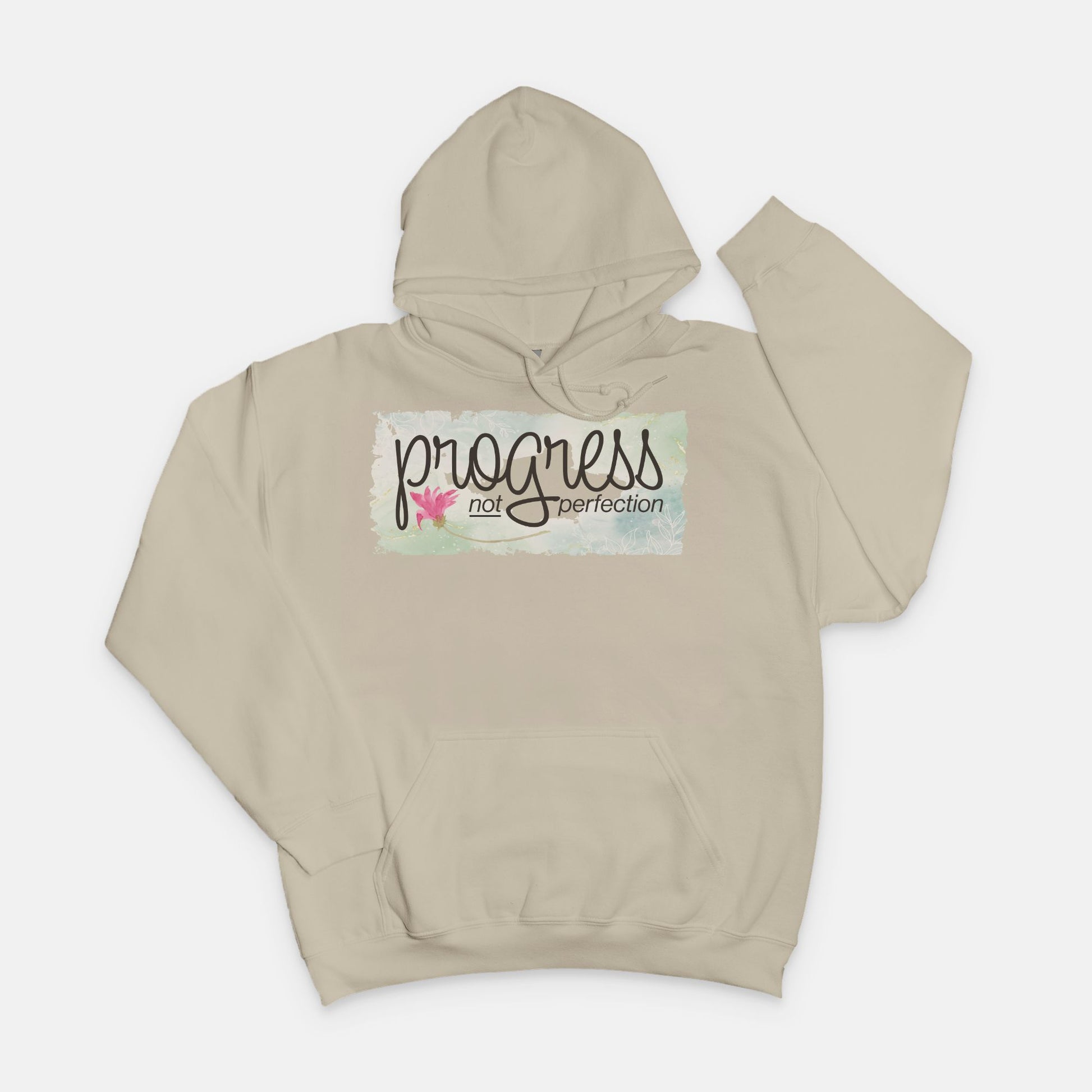 Sand hoodie with 'progress not perfection' text on a white background