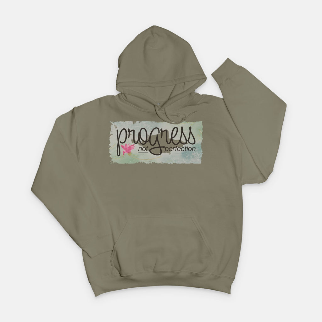 Military Green hoodie with 'progress not perfection' text on a white background