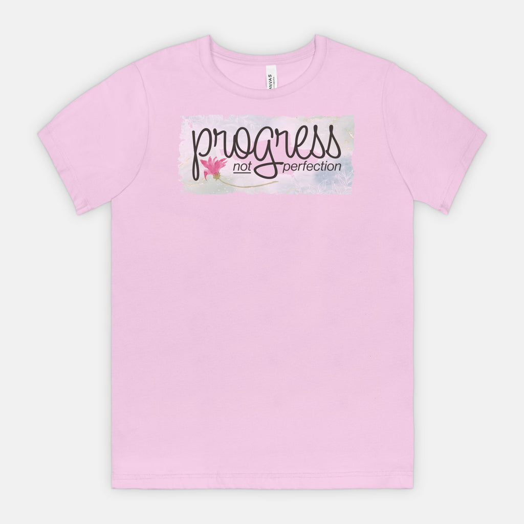 Lilac t-shirt with 'progress not perfection' text on a white background