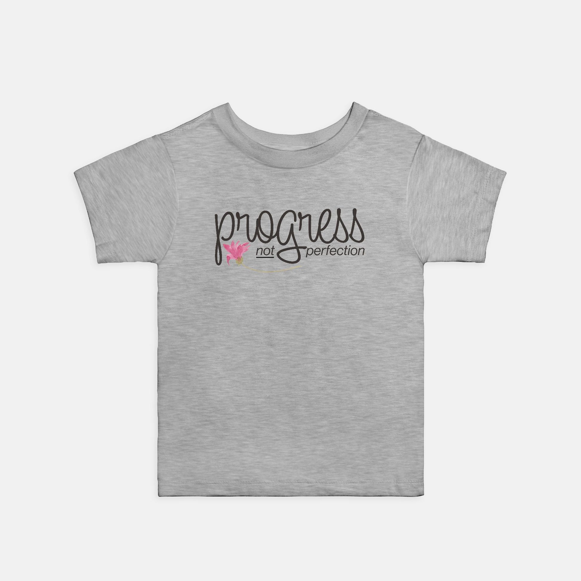 Gray t-shirt with 'progress not perfection' text on a white background