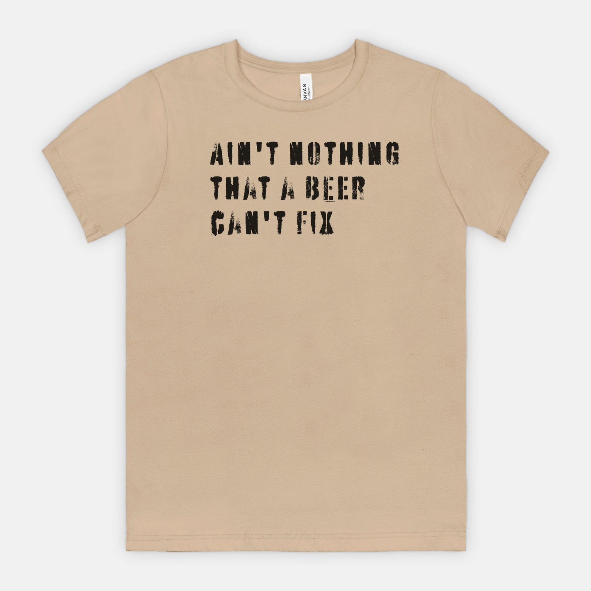 red-rock-chaos-aint-nothing-that-a-beer-cant-fix-tee-black-text-bella-canvas-3001-tan