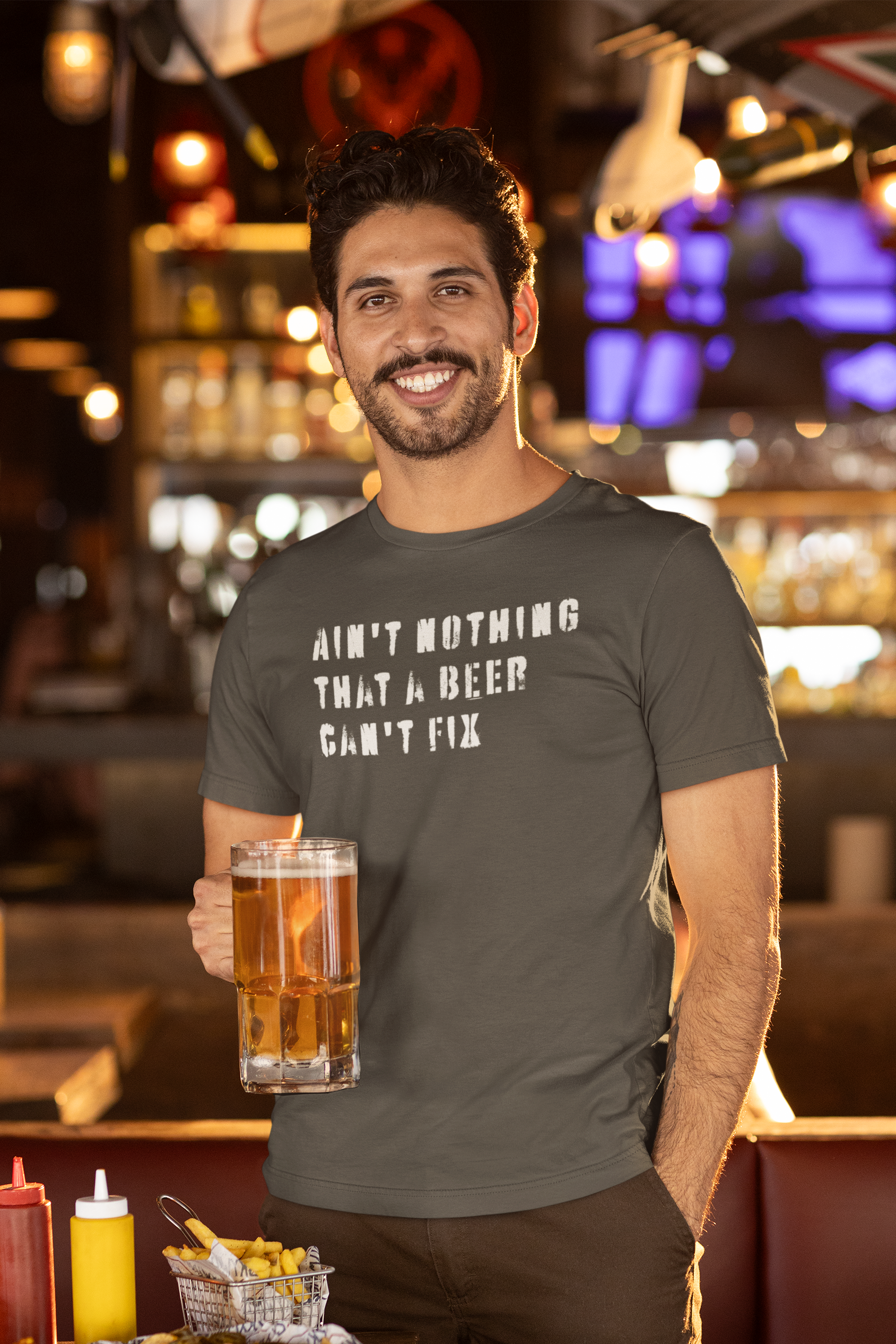 red-rock-chaos-aint-nothing-that-a-beer-cant-fix-tee-white-text-bella-canvas-3001-asphalt-Model