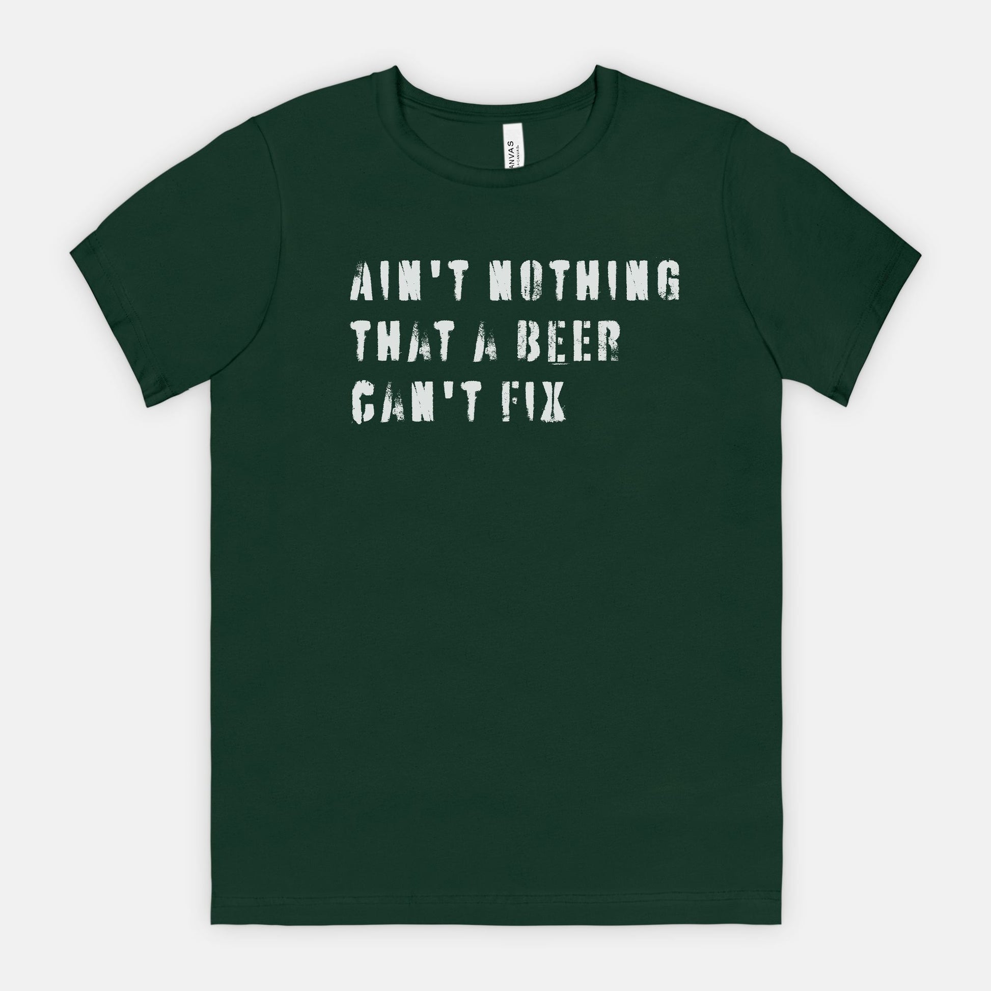 red-rock-chaos-aint-nothing-that-a-beer-cant-fix-tee-white-text-bella-canvas-3001-leaf-green