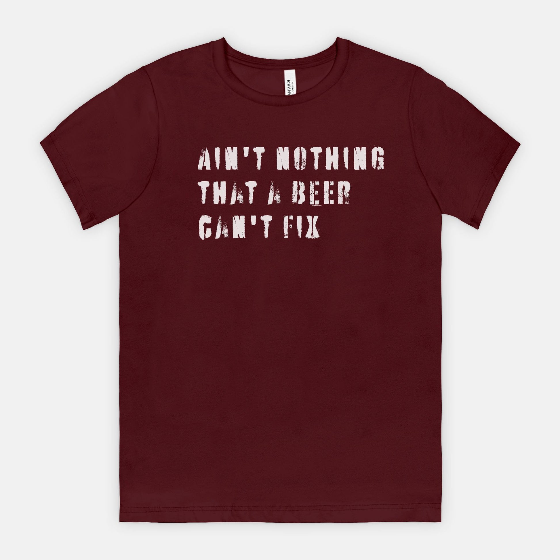 red-rock-chaos-aint-nothing-that-a-beer-cant-fix-tee-white-text-bella-canvas-3001-marroon