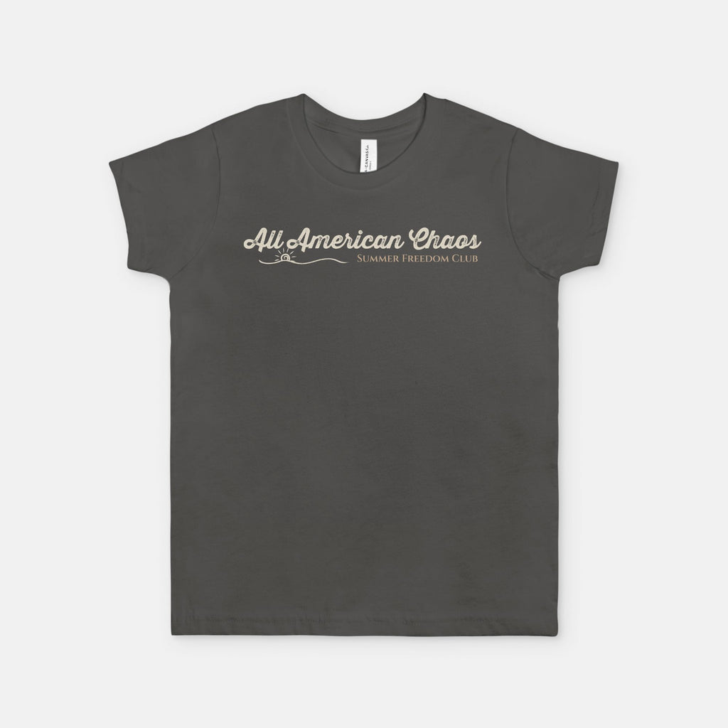 All American Chaos Summer Freedom Club retro Americana youth graphic design by Red Rock Chaos on a vintage-inspired patriotic youth T-shirt