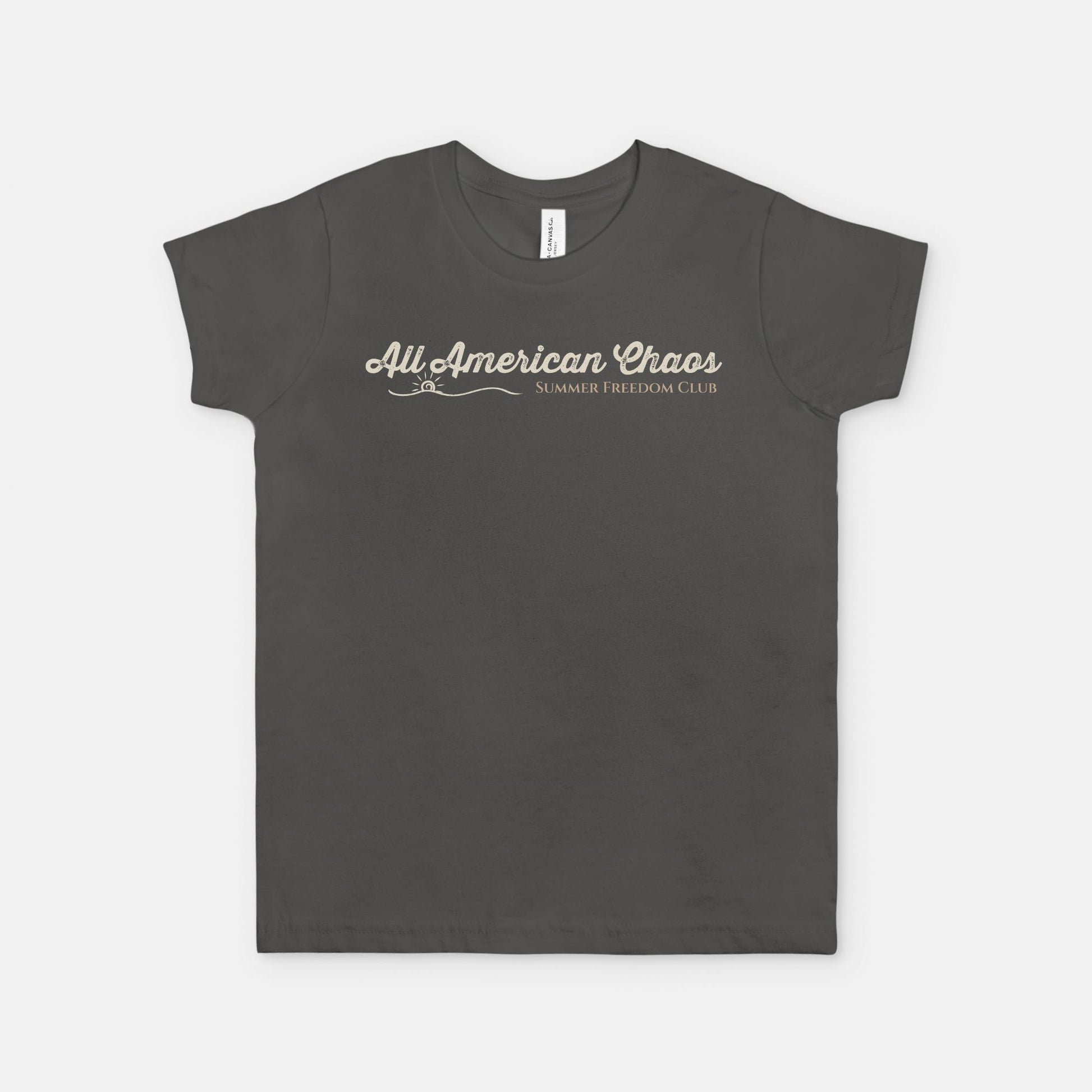 All American Chaos Summer Freedom Club retro Americana youth graphic design by Red Rock Chaos on a vintage-inspired patriotic youth T-shirt