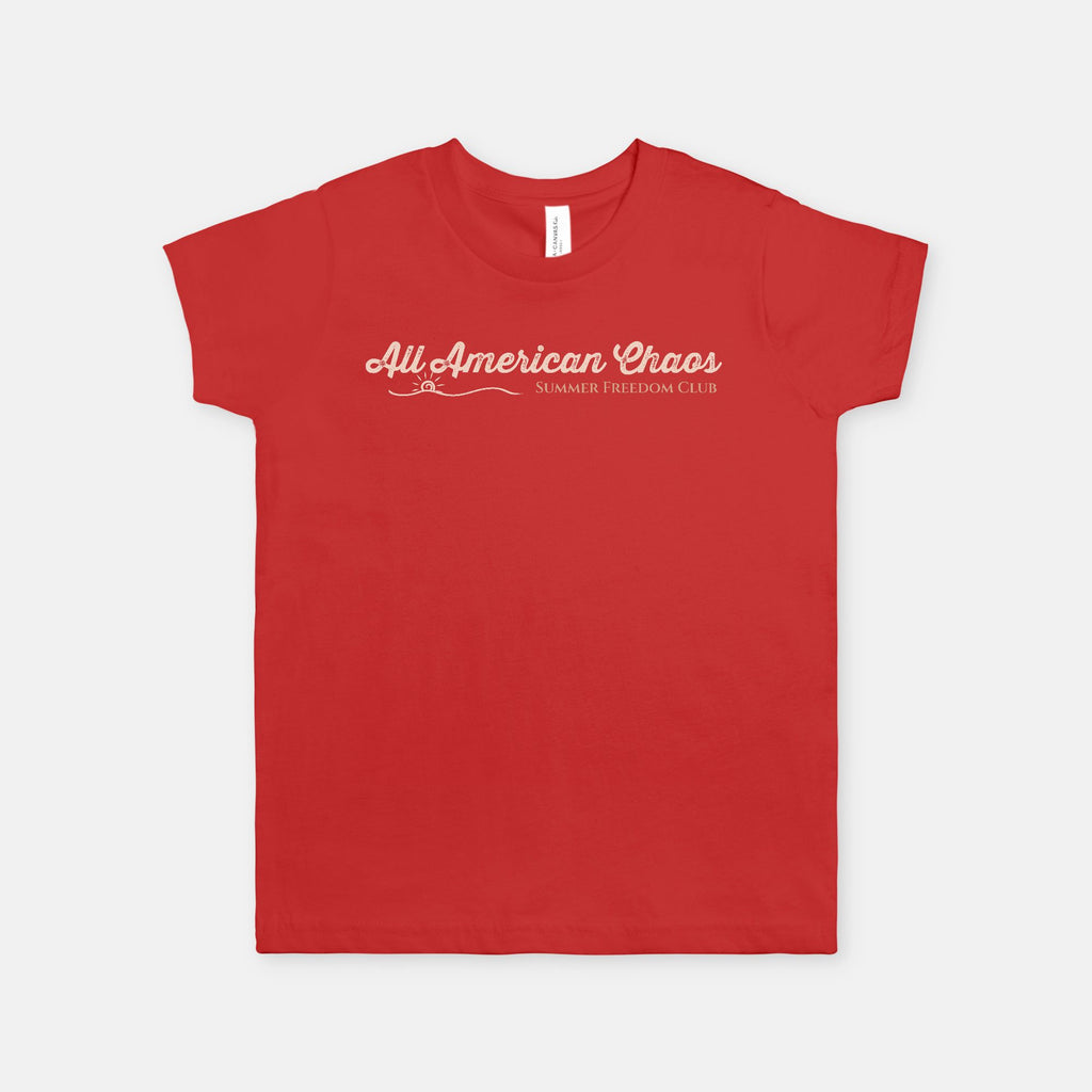 All American Chaos Summer Freedom Club retro Americana youth graphic design by Red Rock Chaos on a vintage-inspired patriotic youth T-shirt