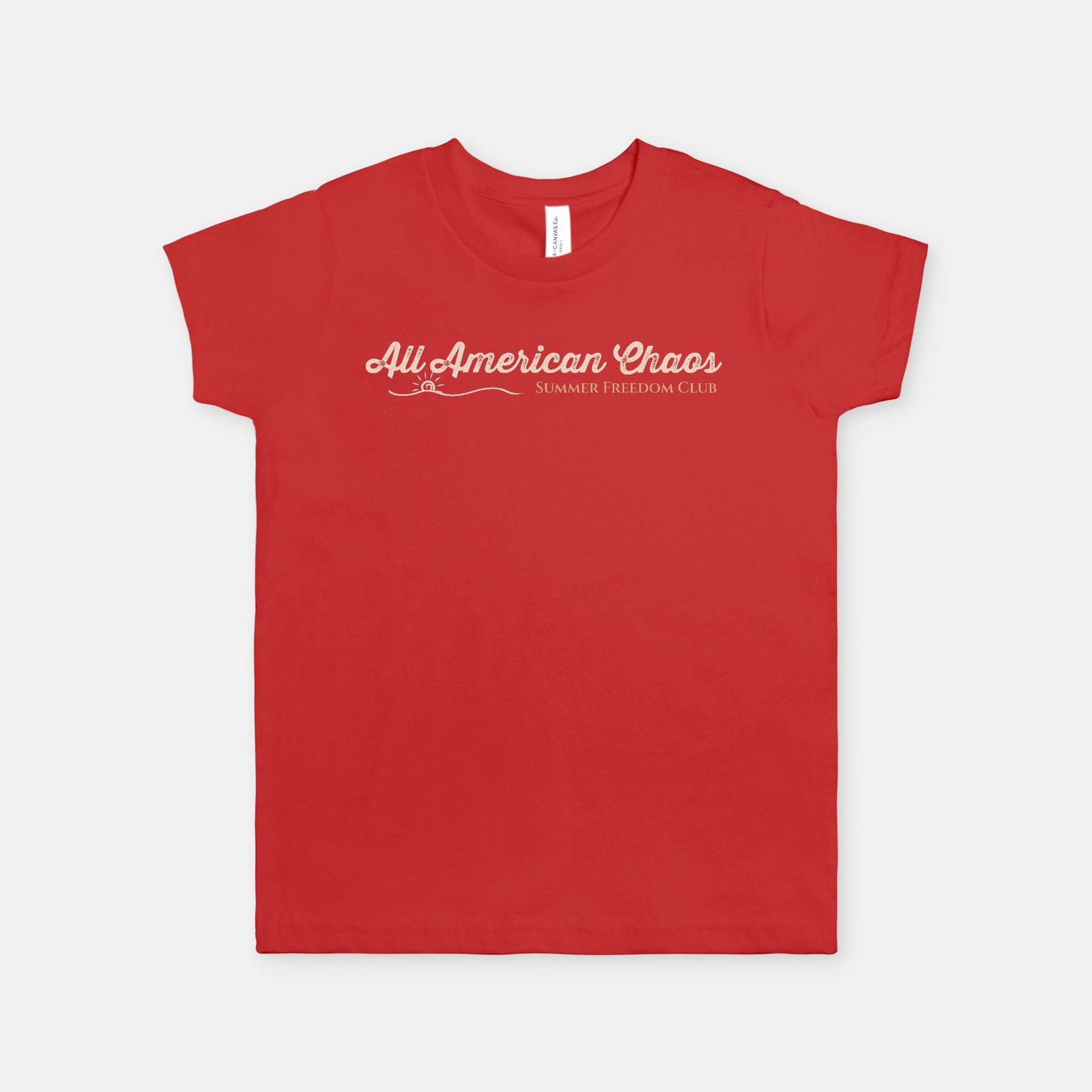 All American Chaos Summer Freedom Club retro Americana youth graphic design by Red Rock Chaos on a vintage-inspired patriotic youth T-shirt