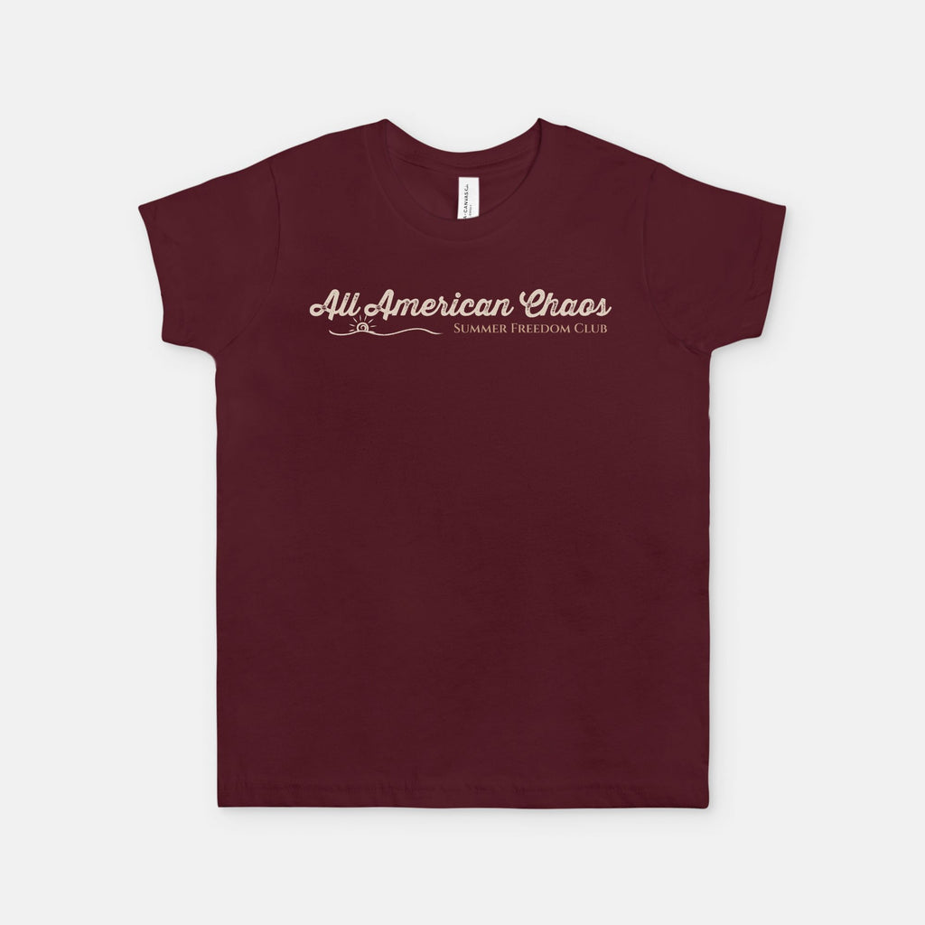 All American Chaos Summer Freedom Club retro Americana youth graphic design by Red Rock Chaos on a vintage-inspired patriotic youth T-shirt