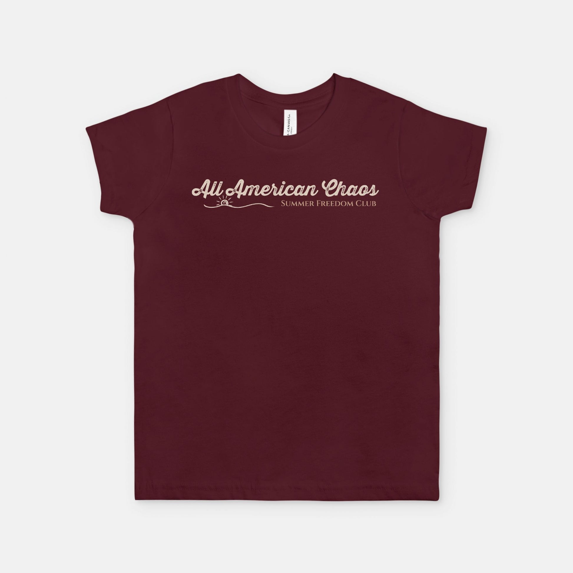 All American Chaos Summer Freedom Club retro Americana youth graphic design by Red Rock Chaos on a vintage-inspired patriotic youth T-shirt