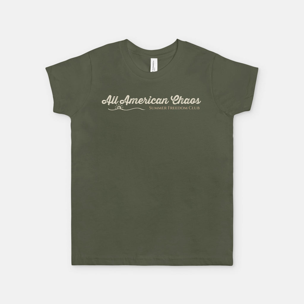 Shop the All American Chaos Summer Freedom Club youth patriotic T-shirt from Red Rock Chaos featuring retro Americana summer style and vintage-inspired graphics.