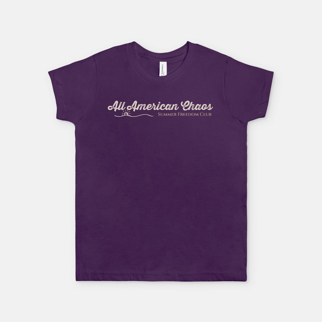 Shop the All American Chaos Summer Freedom Club youth patriotic T-shirt from Red Rock Chaos featuring retro Americana summer style and vintage-inspired graphics.