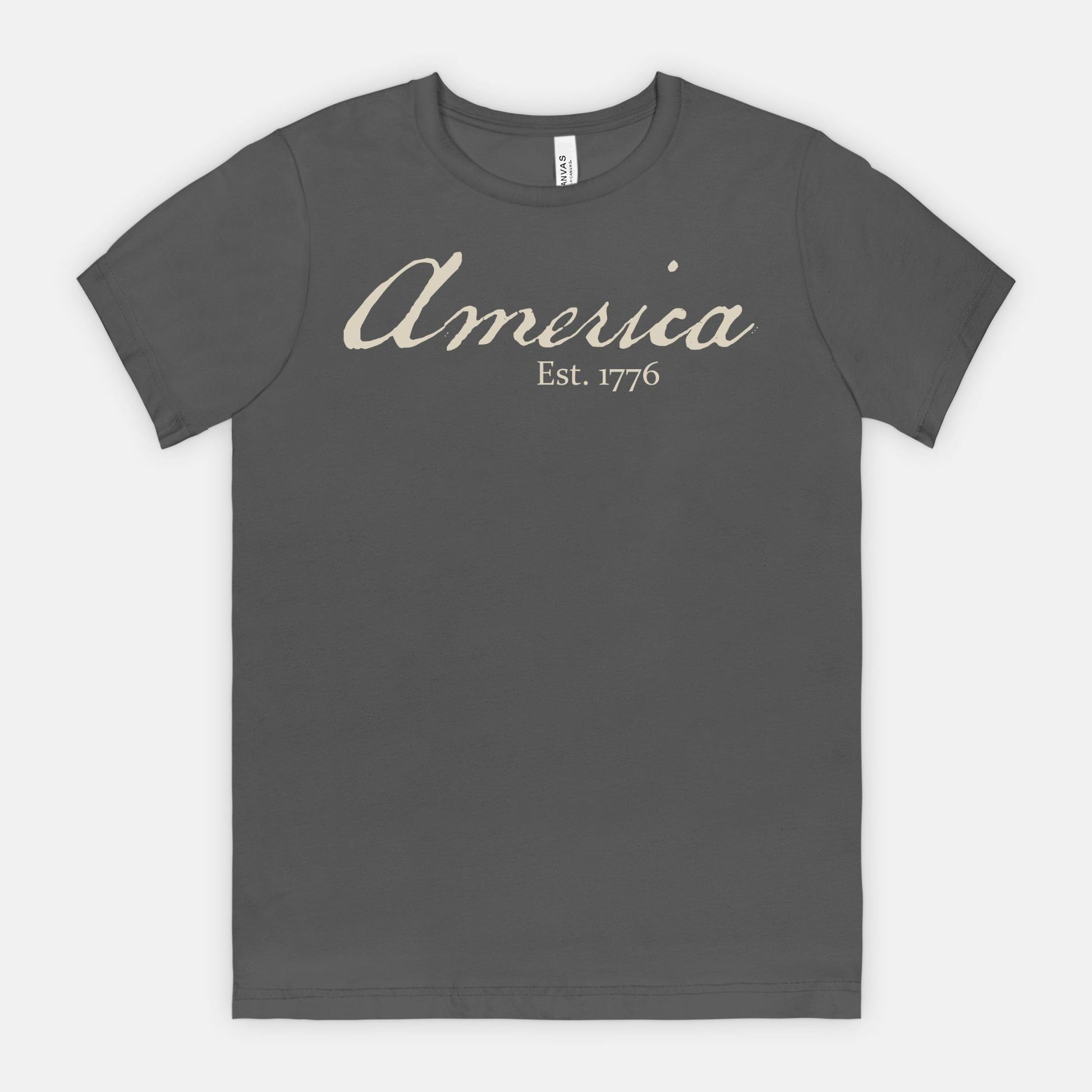 Vintage America Est. 1776 heritage script patriotic design on Bella Canvas 3001 Asphalt T-shirt by Red Rock Chaos