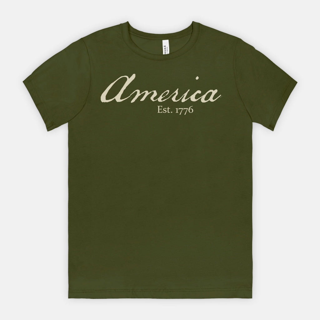 Vintage America Est. 1776 heritage script patriotic design on Bella Canvas 3001 Olive T-shirt by Red Rock Chaos