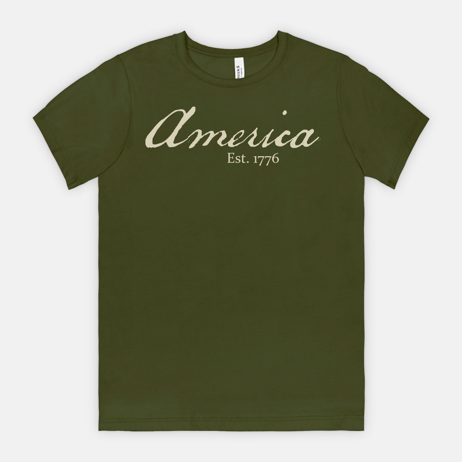 Vintage America Est. 1776 heritage script patriotic design on Bella Canvas 3001 Olive T-shirt by Red Rock Chaos