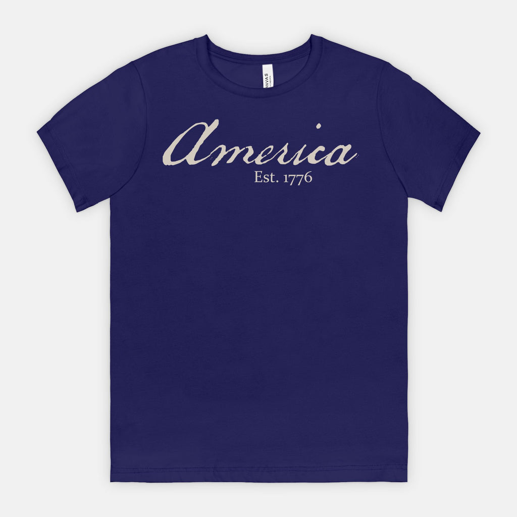 Vintage America Est. 1776 heritage script patriotic design on Bella Canvas 3001 Team Navy T-shirt by Red Rock Chaos