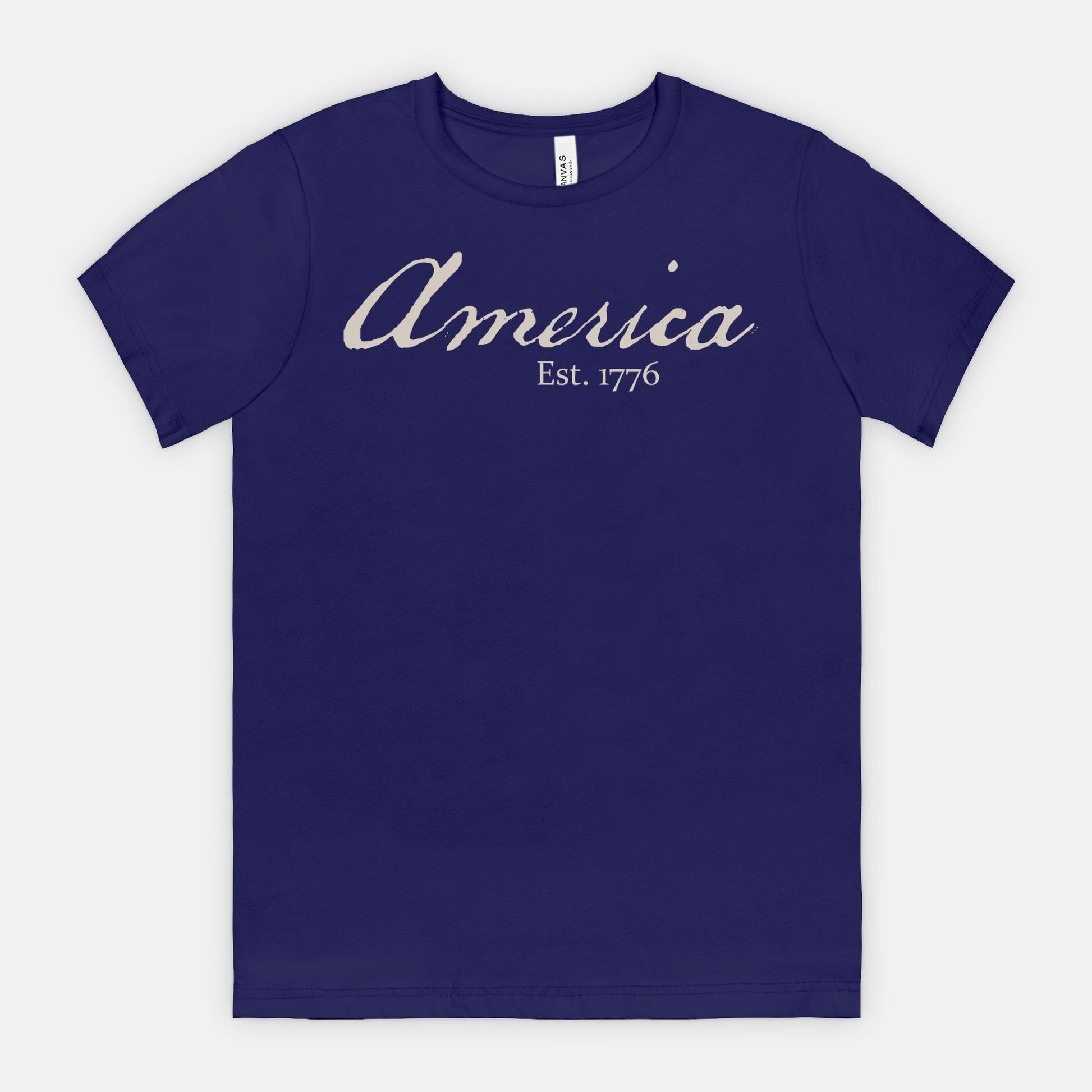 Vintage America Est. 1776 heritage script patriotic design on Bella Canvas 3001 Team Navy T-shirt by Red Rock Chaos