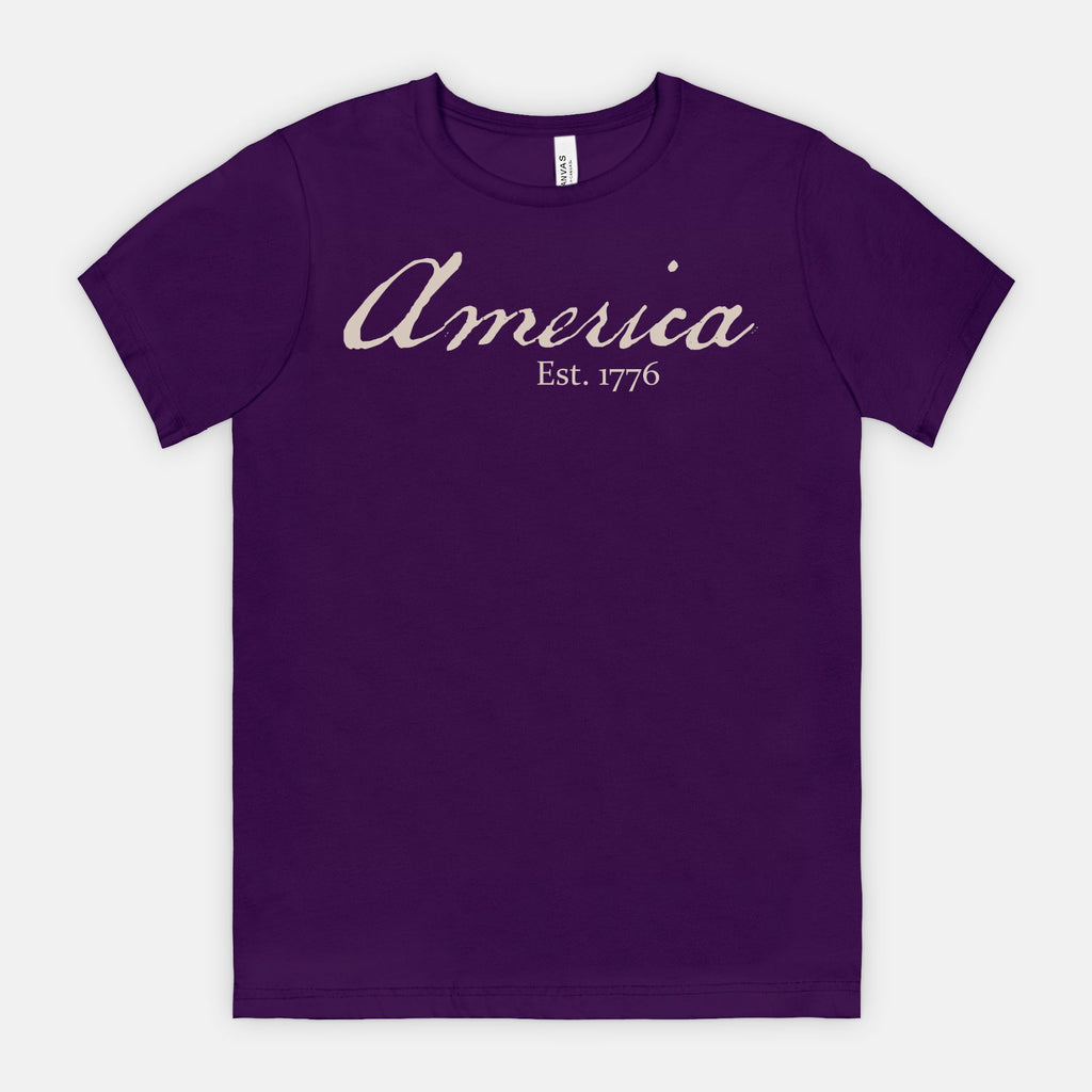 Vintage America Est. 1776 heritage script patriotic design on Bella Canvas 3001  Team Purple T-shirt by Red Rock Chaos