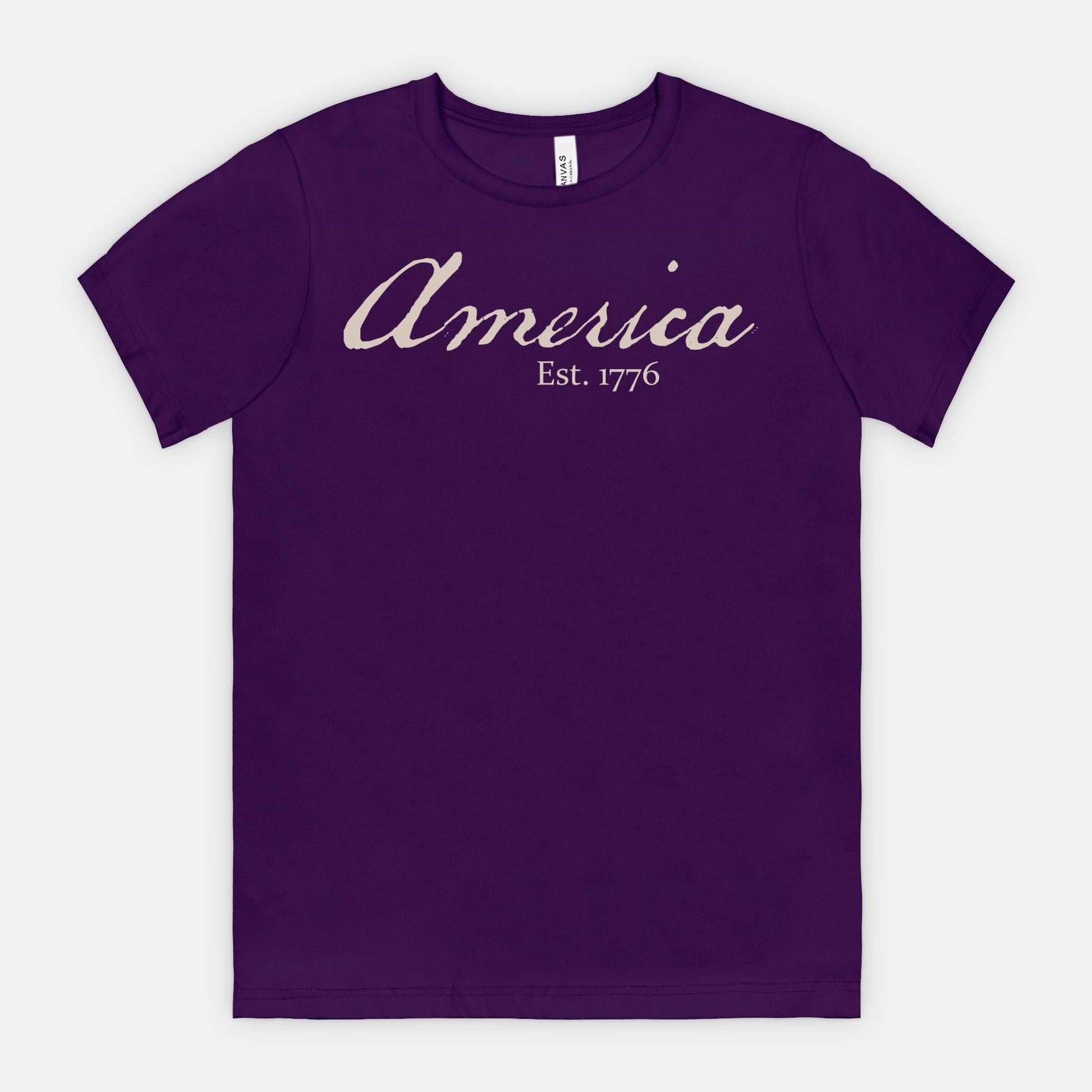 Vintage America Est. 1776 heritage script patriotic design on Bella Canvas 3001  Team Purple T-shirt by Red Rock Chaos
