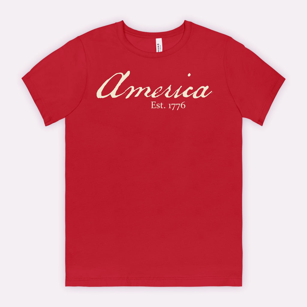 Vintage America Est. 1776 heritage script patriotic design on Bella Canvas 3001 Canvas Red T-shirt by Red Rock Chaos