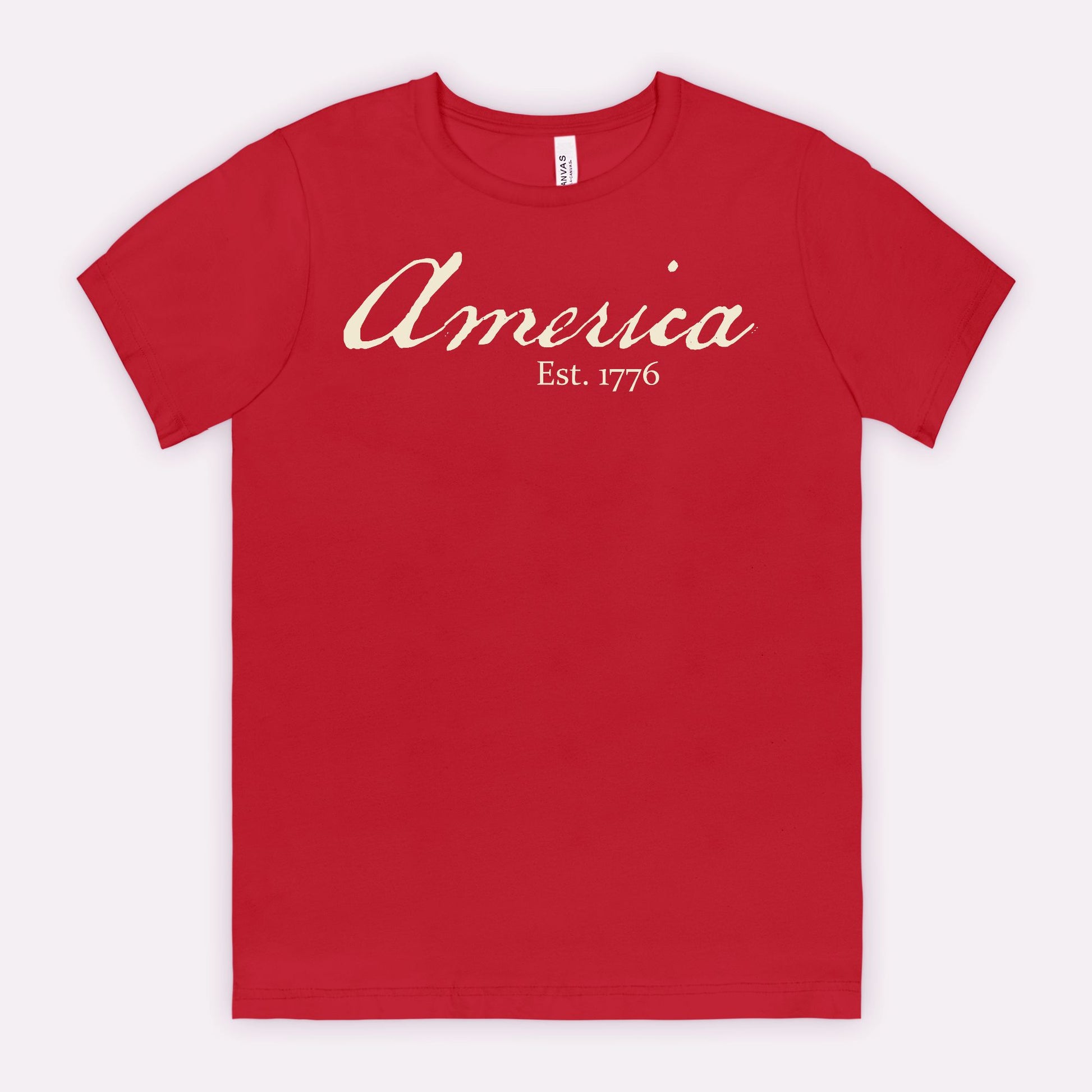 Vintage America Est. 1776 heritage script patriotic design on Bella Canvas 3001 Canvas Red T-shirt by Red Rock Chaos