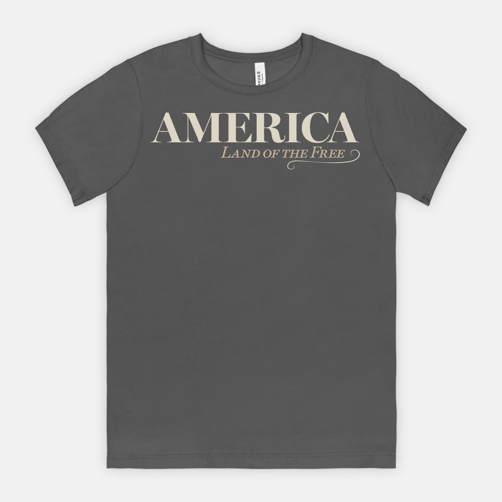 Vintage America Land of the Free patriotic typography design on Bella Canvas 3001 Asphalt T-shirt by Red Rock Chaos