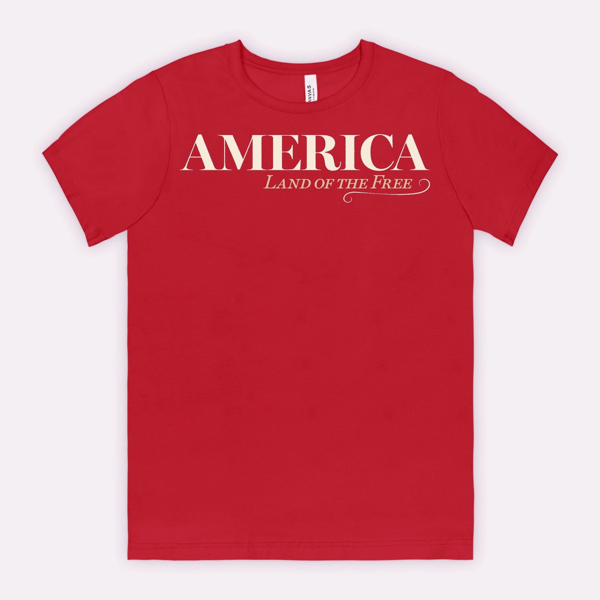 Vintage America Land of the Free patriotic typography design on Bella Canvas 3001 Canvas Red T-shirt by Red Rock Chaos