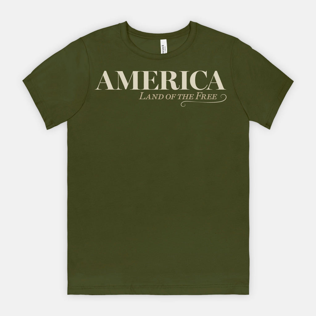 Vintage America Land of the Free patriotic typography design on Bella Canvas 3001 Olive T-shirt by Red Rock Chaos