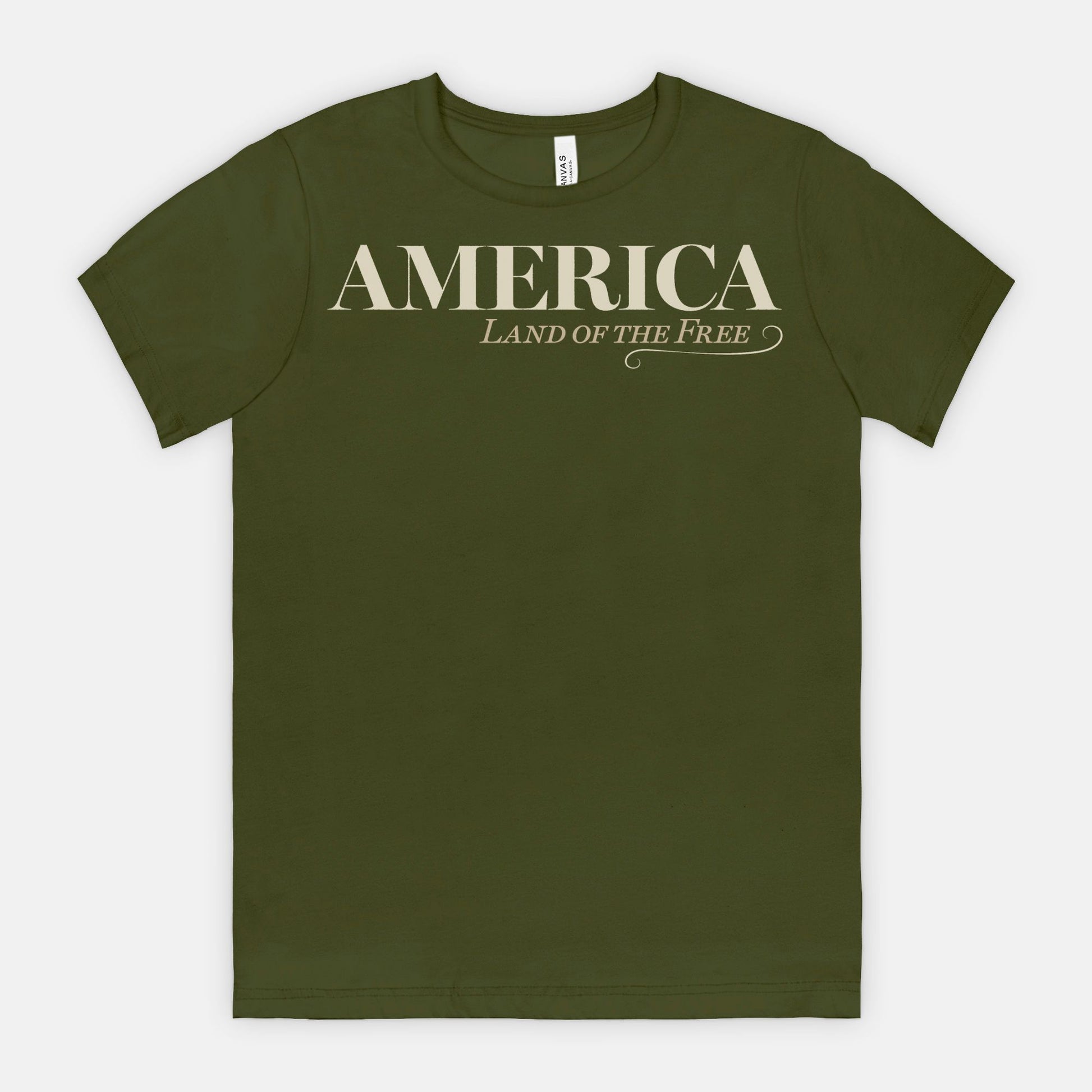 Vintage America Land of the Free patriotic typography design on Bella Canvas 3001 Olive T-shirt by Red Rock Chaos