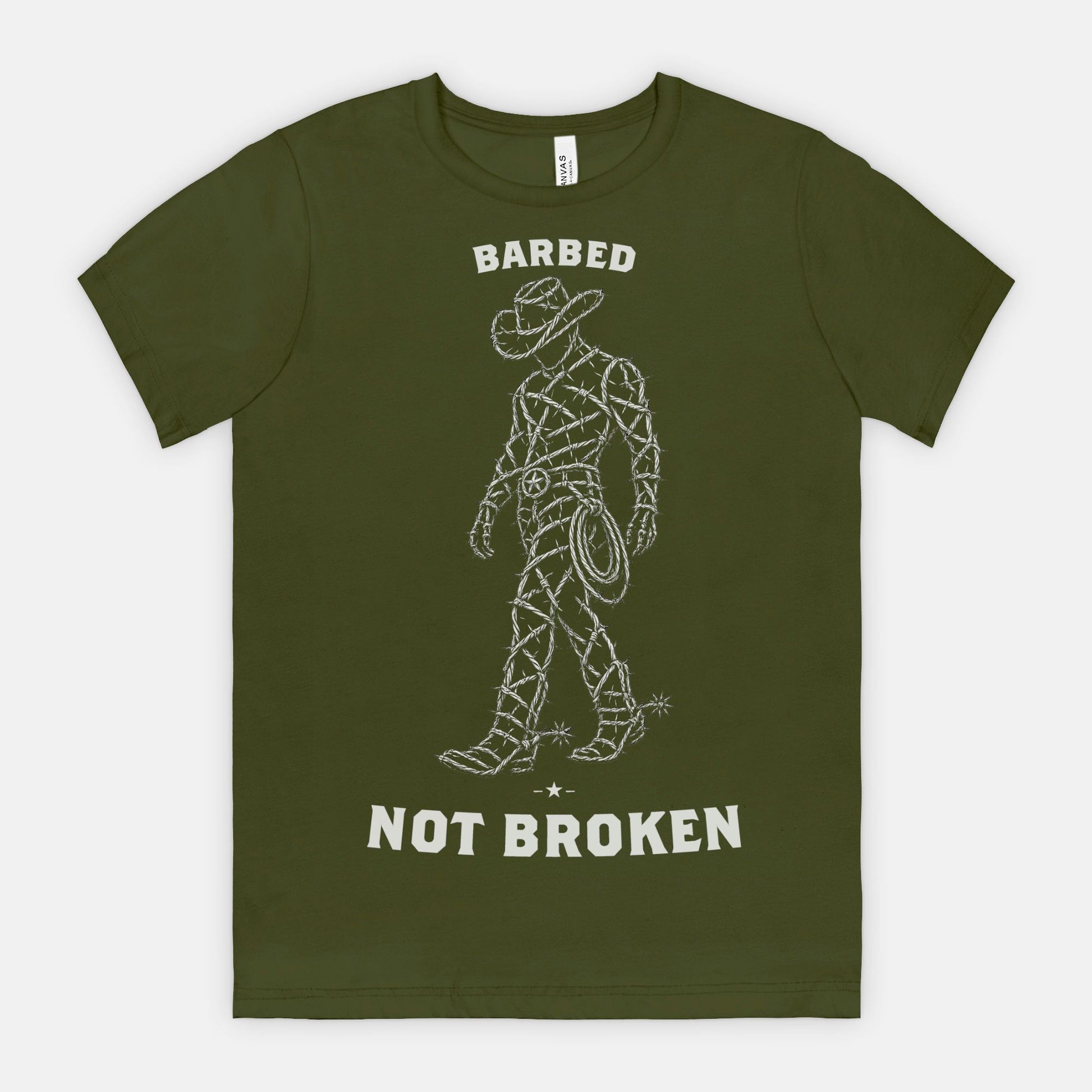 red-rock-chaos-barbed-not-broken-cowboy-shirt-Olive