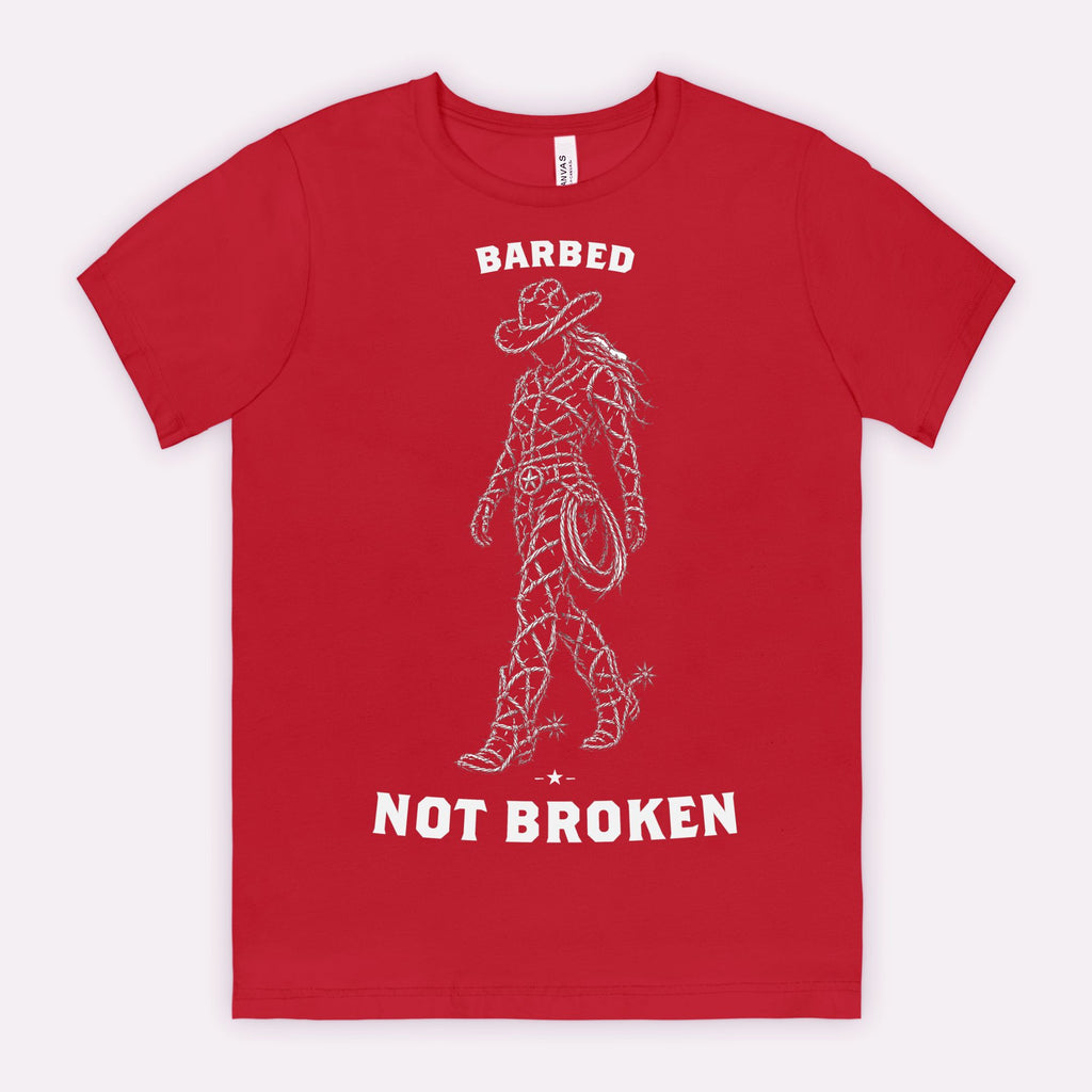 red-rock-chaos-barbed-not-broken-cowgirl-shirt-Canvas-Red