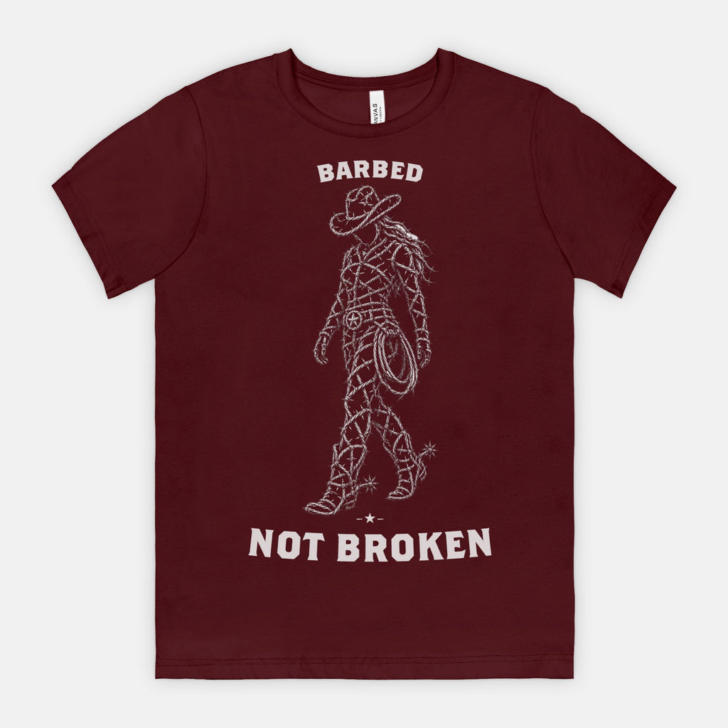 red-rock-chaos-barbed-not-broken-cowgirl-shirt-Maroon