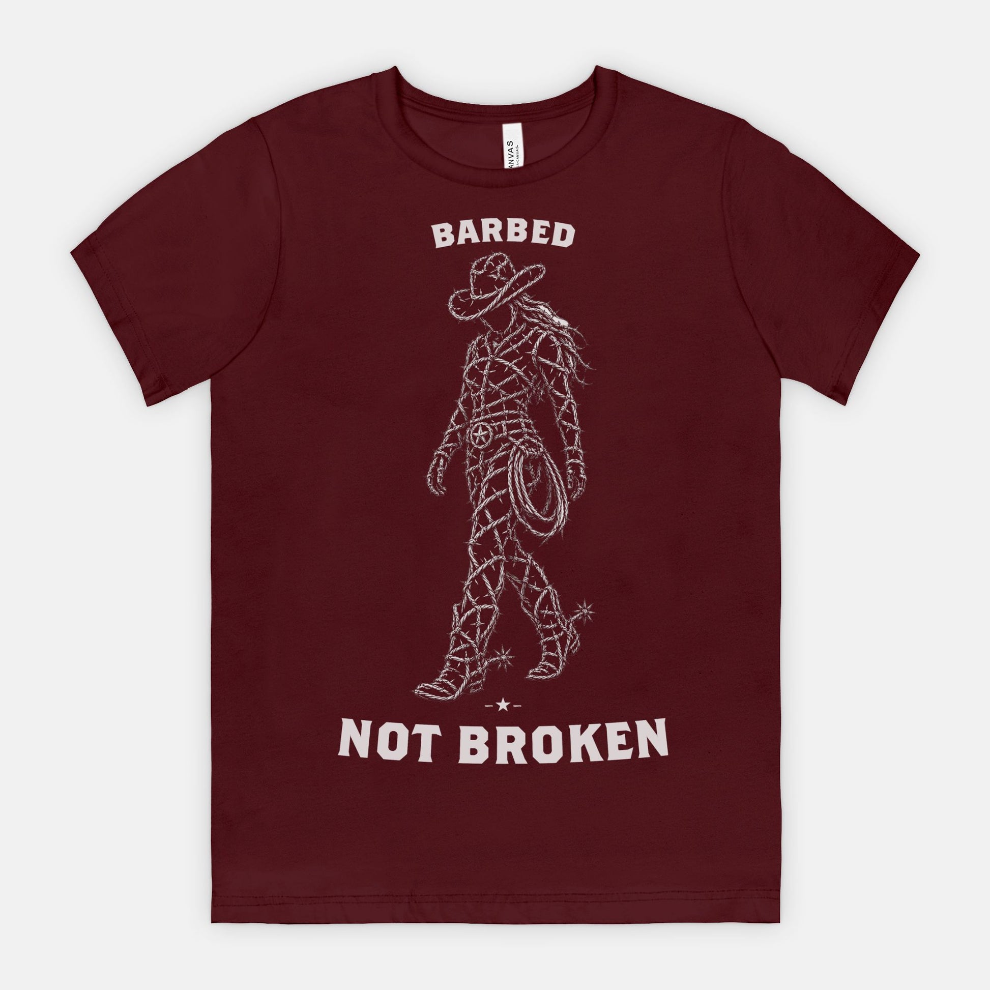 red-rock-chaos-barbed-not-broken-cowgirl-shirt-Maroon