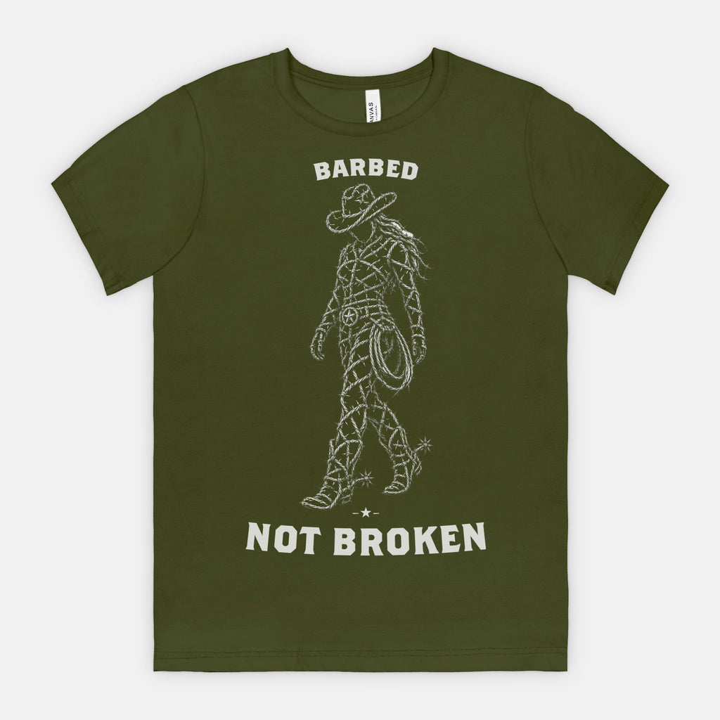 red-rock-chaos-barbed-not-broken-cowgirl-shirt-Olive