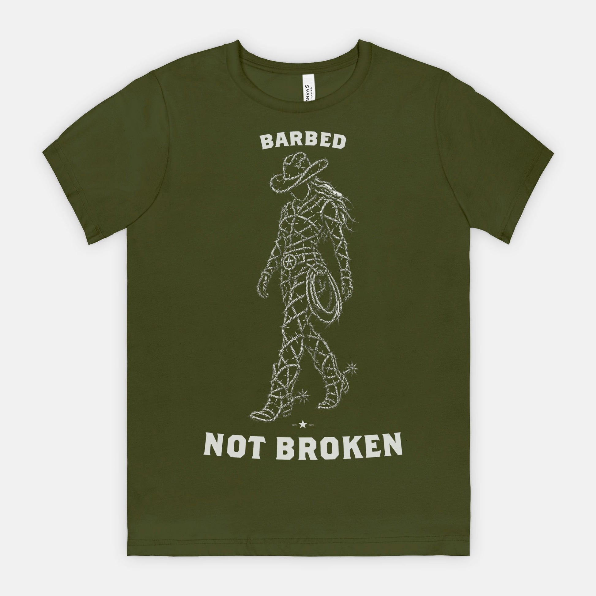 red-rock-chaos-barbed-not-broken-cowgirl-shirt-Olive