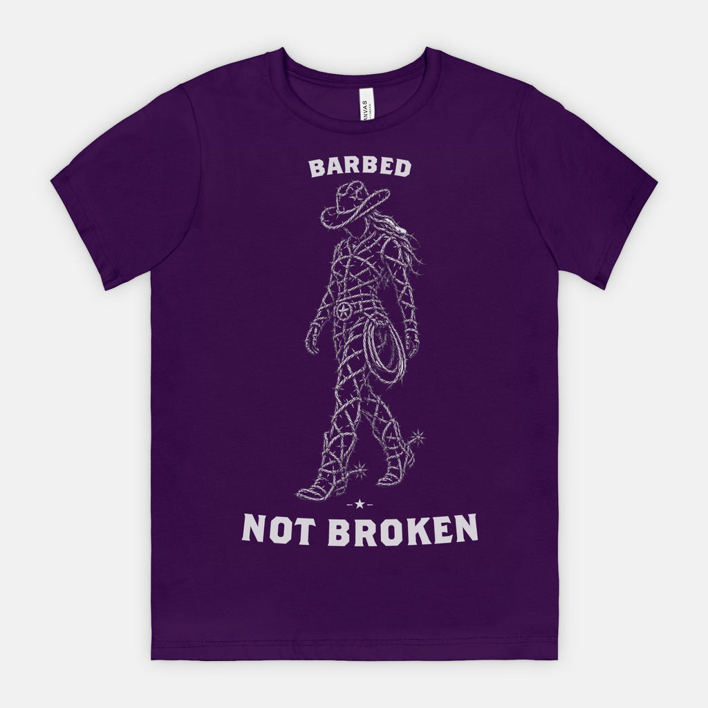 red-rock-chaos-barbed-not-broken-cowgirl-shirt-Team-Purple