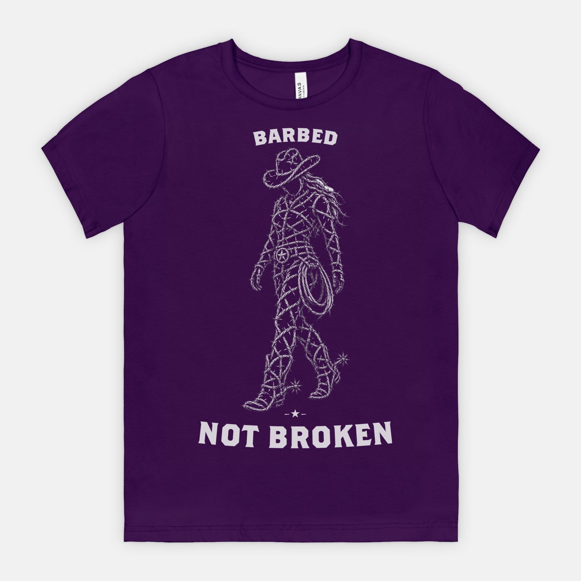 red-rock-chaos-barbed-not-broken-cowgirl-shirt-Team-Purple
