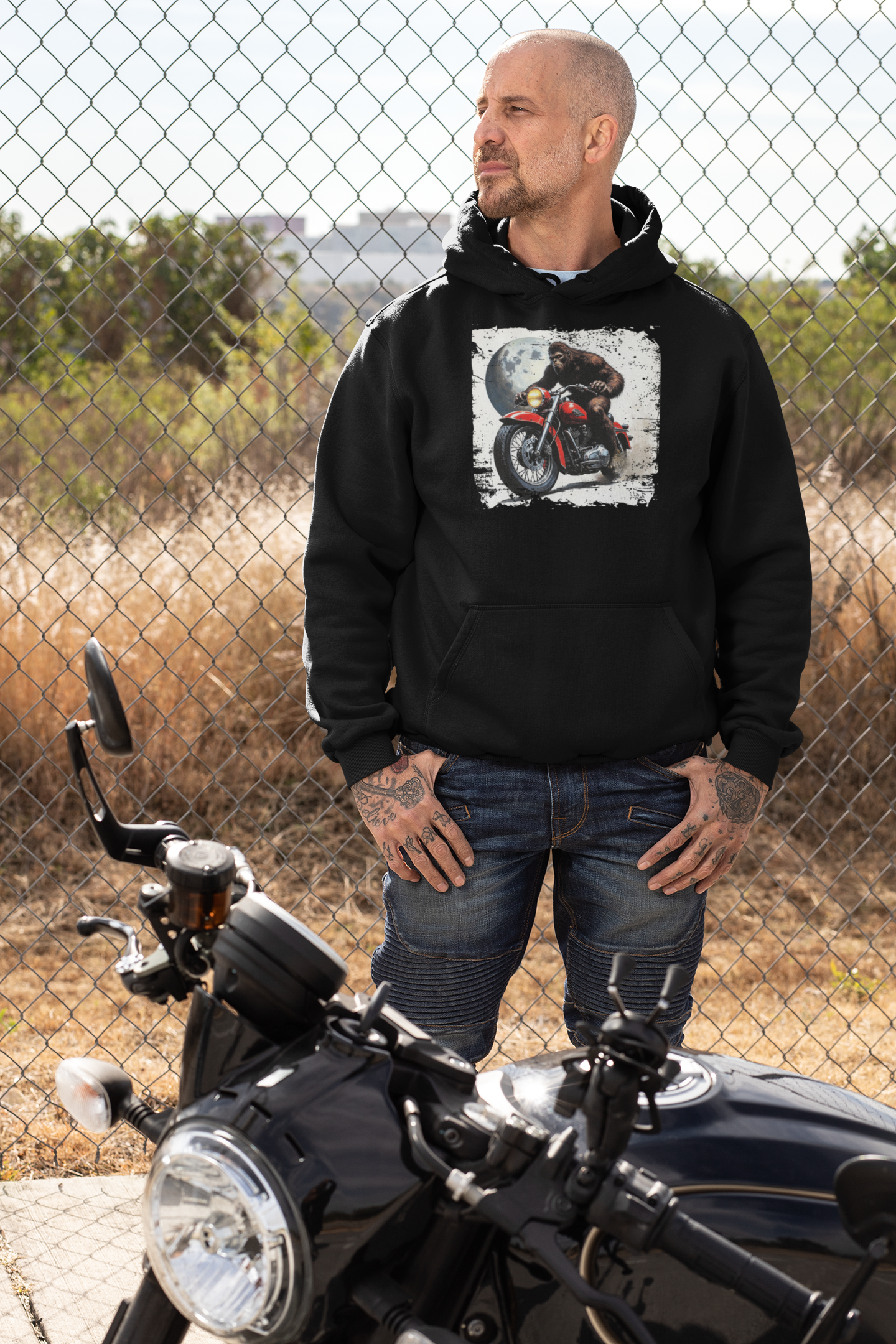 red-rock-chaos-bigfoot-on-motorcycle-black-sweatshirt-gildan-18500