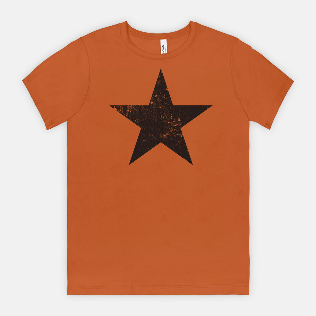 Autumn Bella Canvas 3001 T-shirt black distressed star tee designed by Red Rock Chaos.