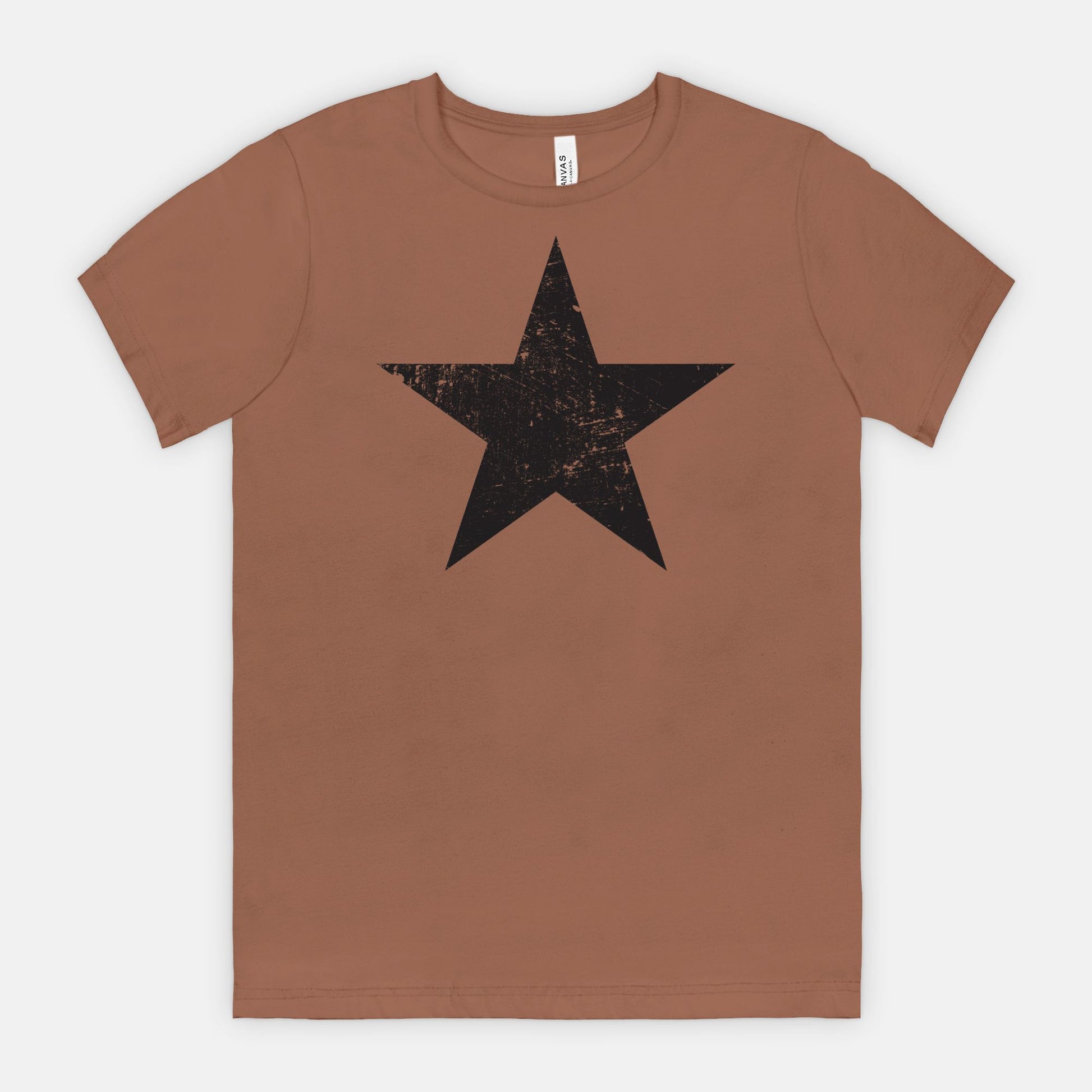 Chestnut Bella Canvas 3001 T-shirt black distressed star tee designed by Red Rock Chaos.