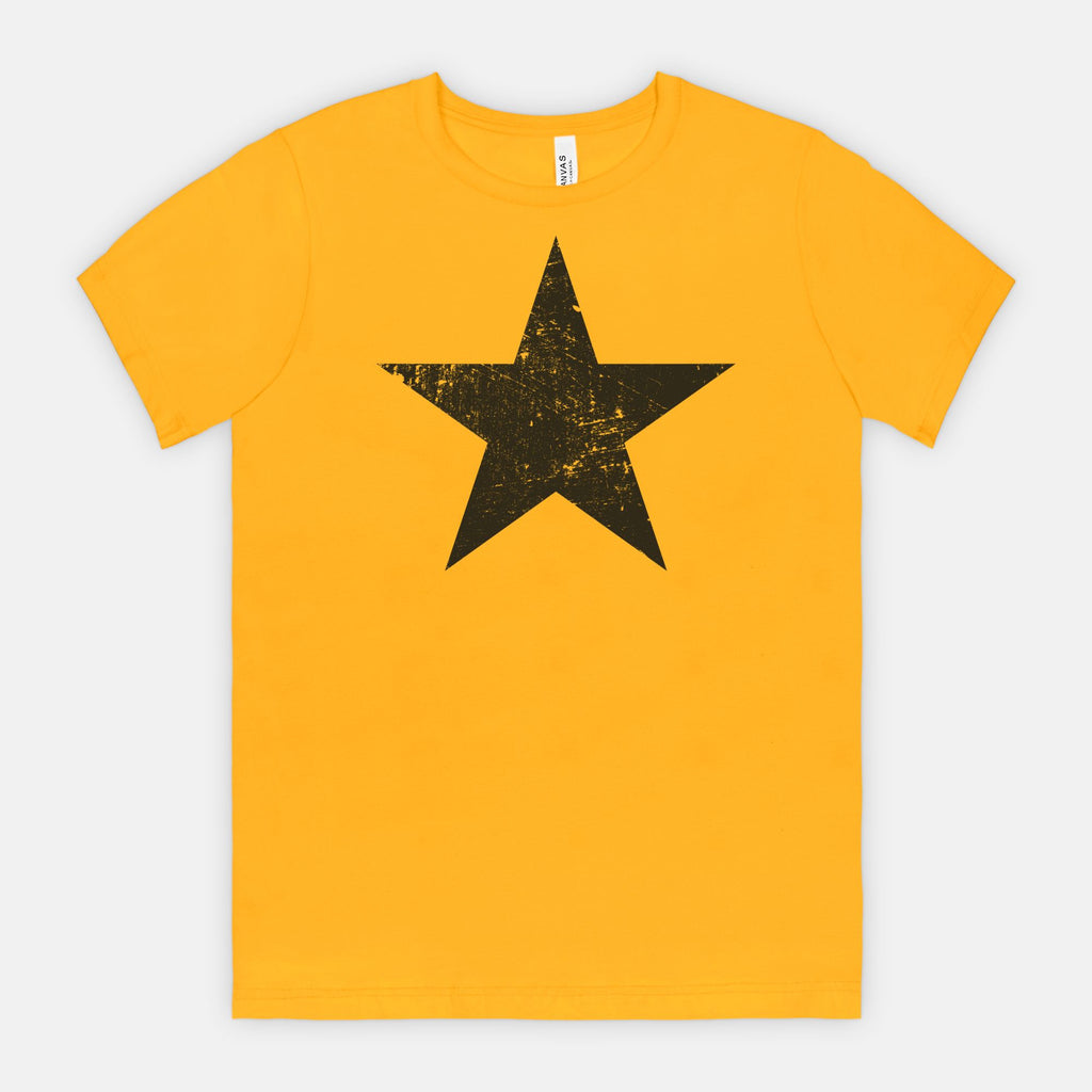 Gold Bella Canvas 3001 T-shirt black distressed star tee designed by Red Rock Chaos.
