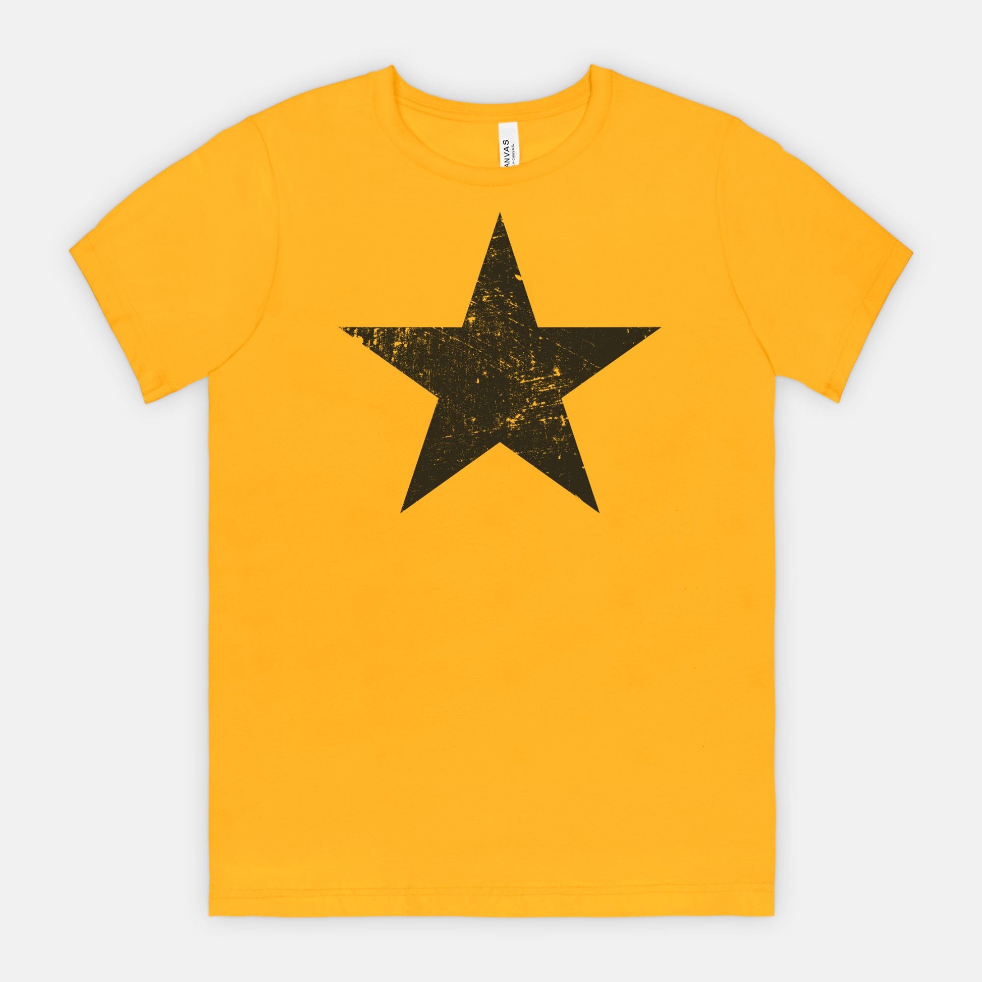 Gold Bella Canvas 3001 T-shirt black distressed star tee designed by Red Rock Chaos.