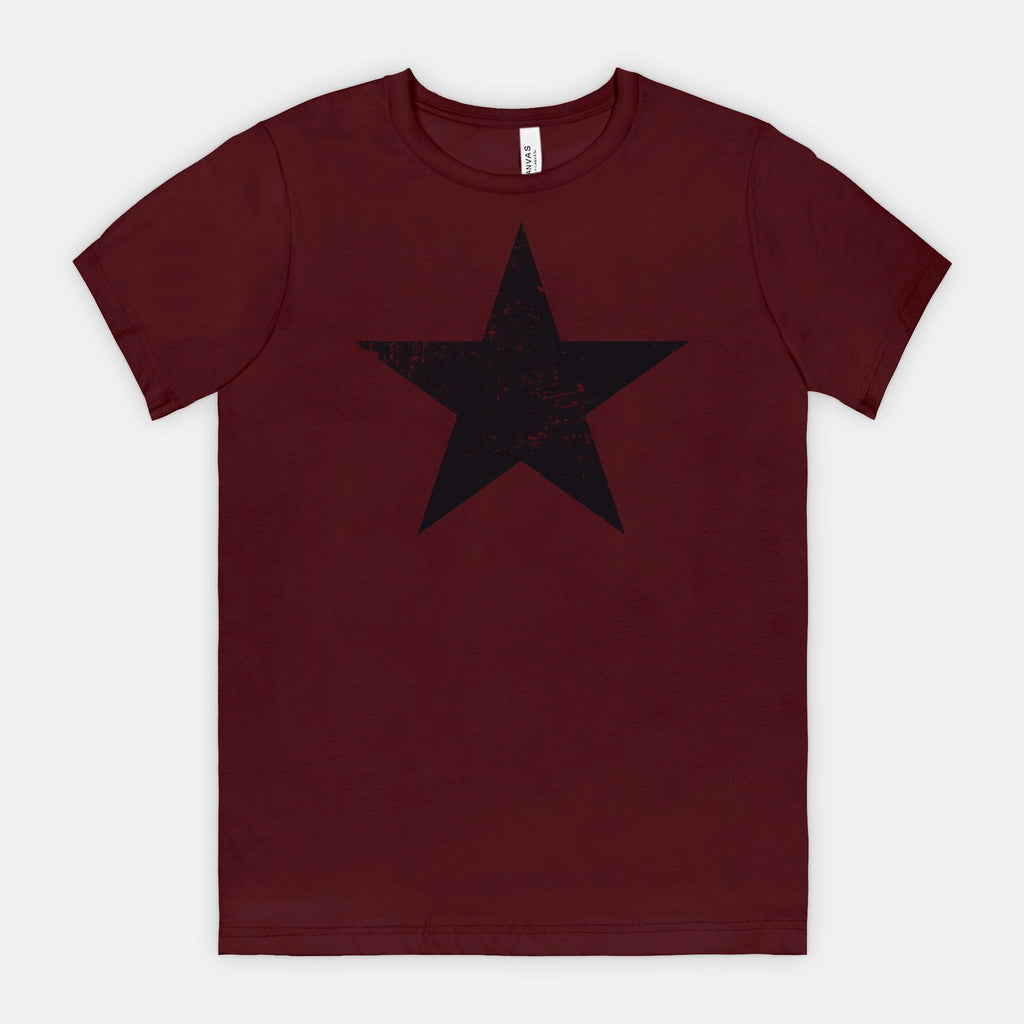 Maroon Bella Canvas 3001 T-shirt black distressed star tee designed by Red Rock Chaos.