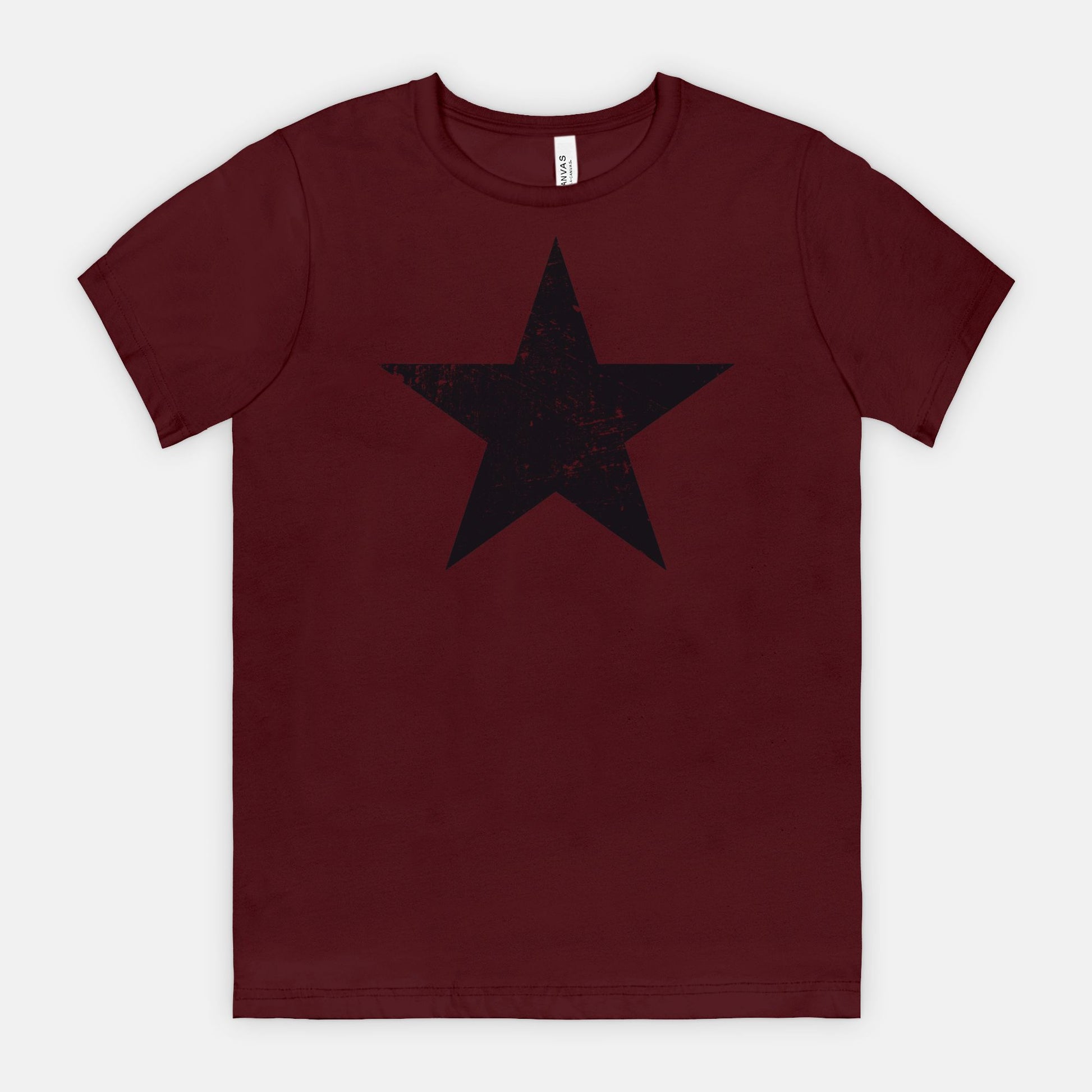 Maroon Bella Canvas 3001 T-shirt black distressed star tee designed by Red Rock Chaos.