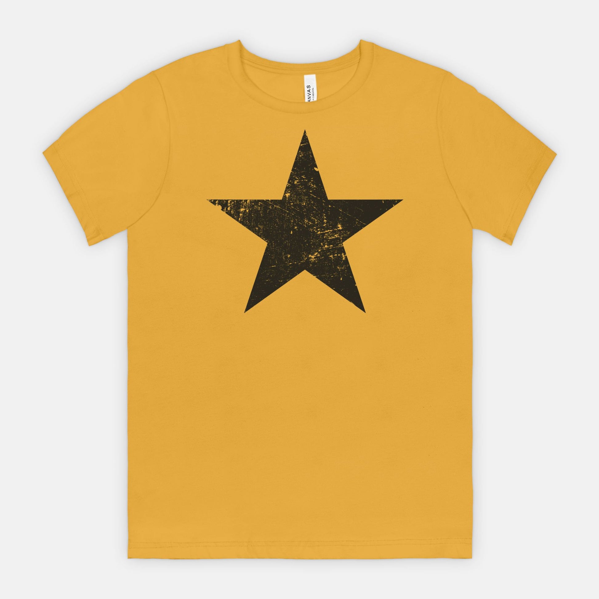 Mustard Bella Canvas 3001 T-shirt black distressed star tee designed by Red Rock Chaos.