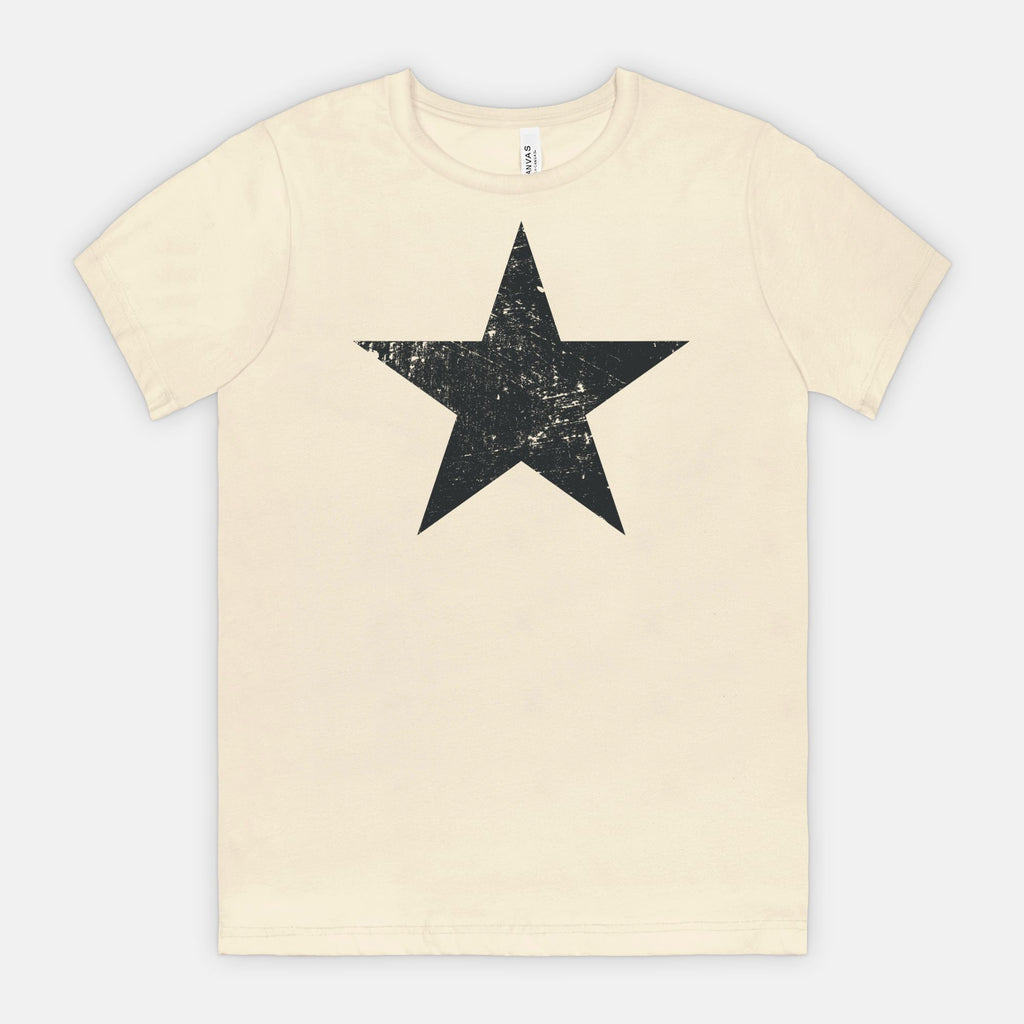 Natural Bella Canvas 3001 T-shirt black distressed star tee designed by Red Rock Chaos.
