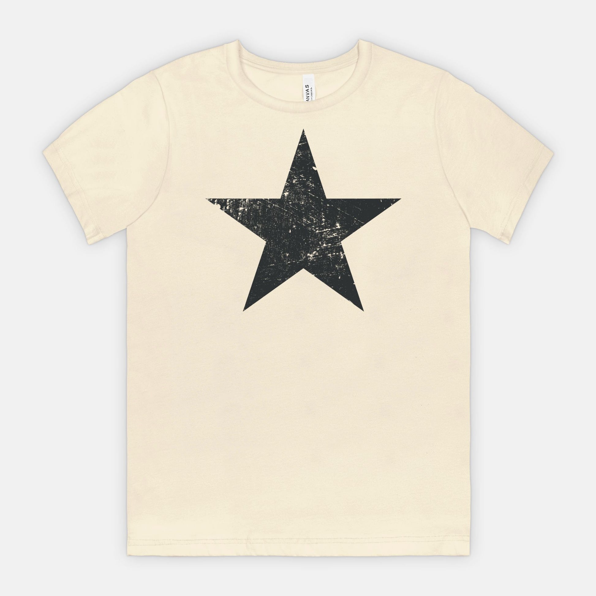 Natural Bella Canvas 3001 T-shirt black distressed star tee designed by Red Rock Chaos.